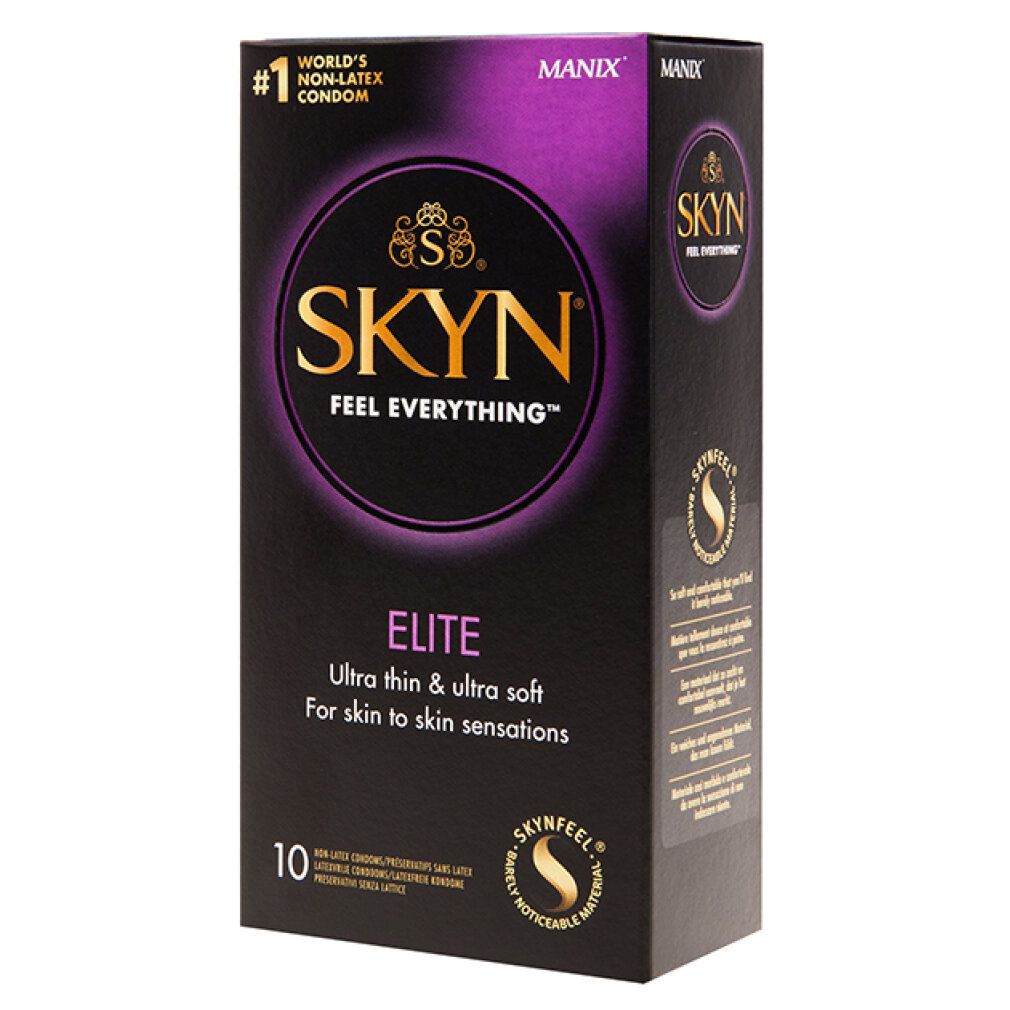 Schwarze SKYN Elite Kondom-Schachtel. Text: Ultra dünn & ultra weich. 10 Stück.