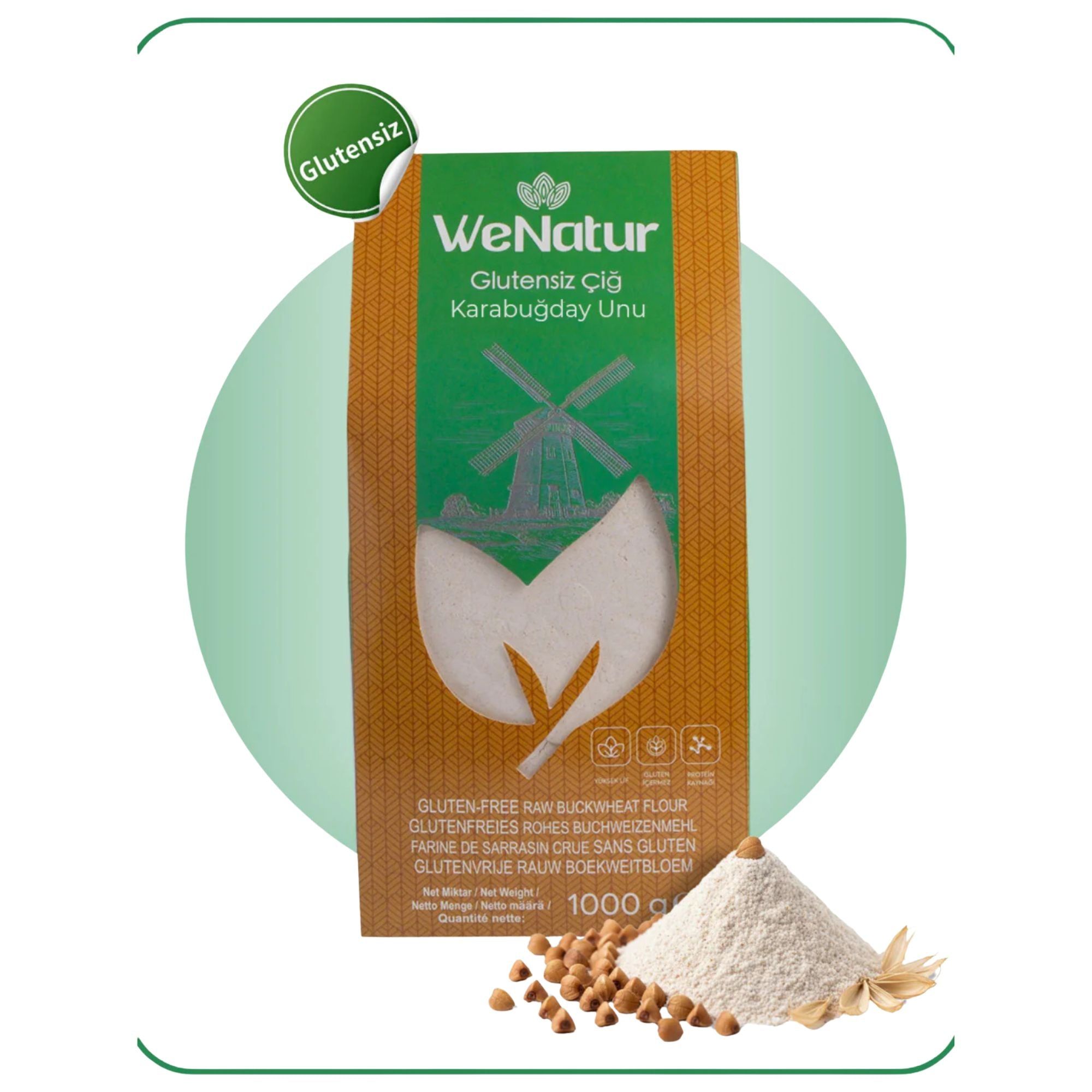 Packung WeNatur glutenfreies Buchweizenmehl mit Siegel.