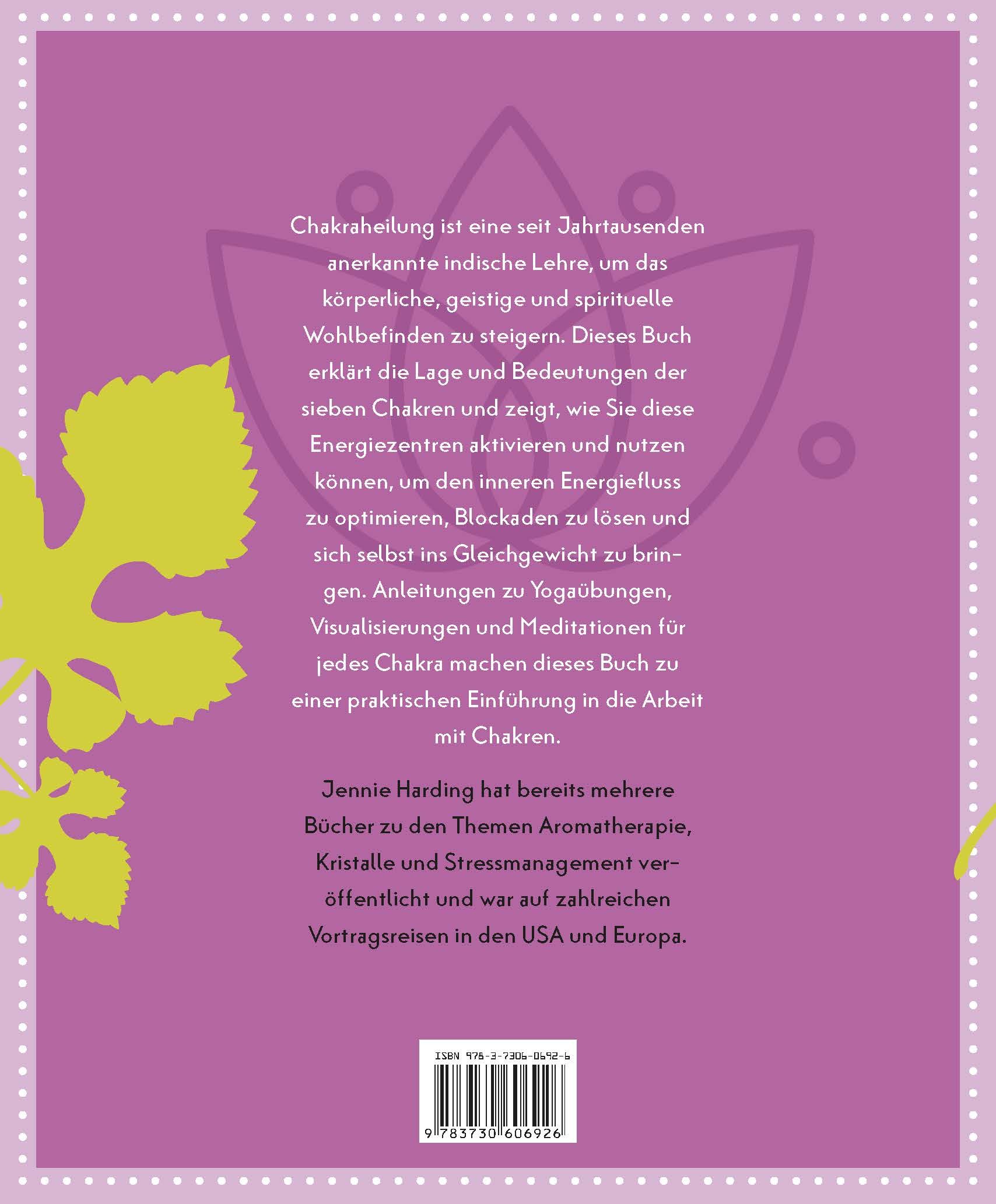 Buchrückseite mit Text über Chakraheilung. Lila Hintergrund mit floralen Elementen und Barcode.