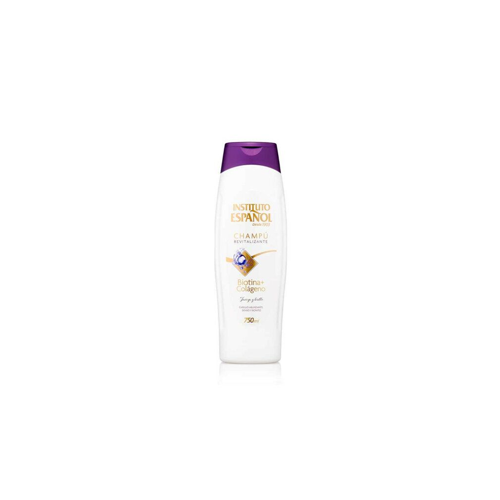 Weißes Shampoo mit lila Verschluss. Aufschrift: Instituto Español, Champú Revitalizante, Biotin + Colágeno. 750ml.