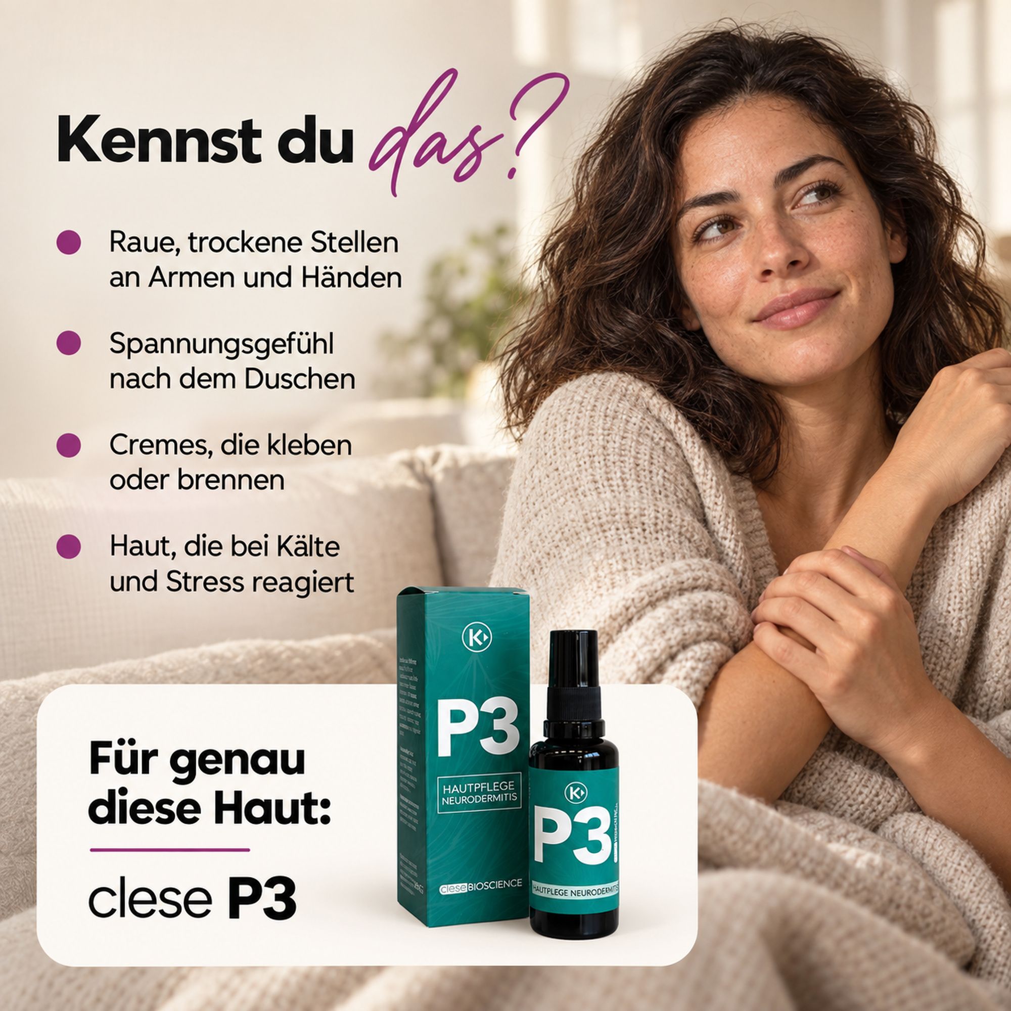 Clese P3 Spray und Karton neben Frau. Für raue, trockene Haut.