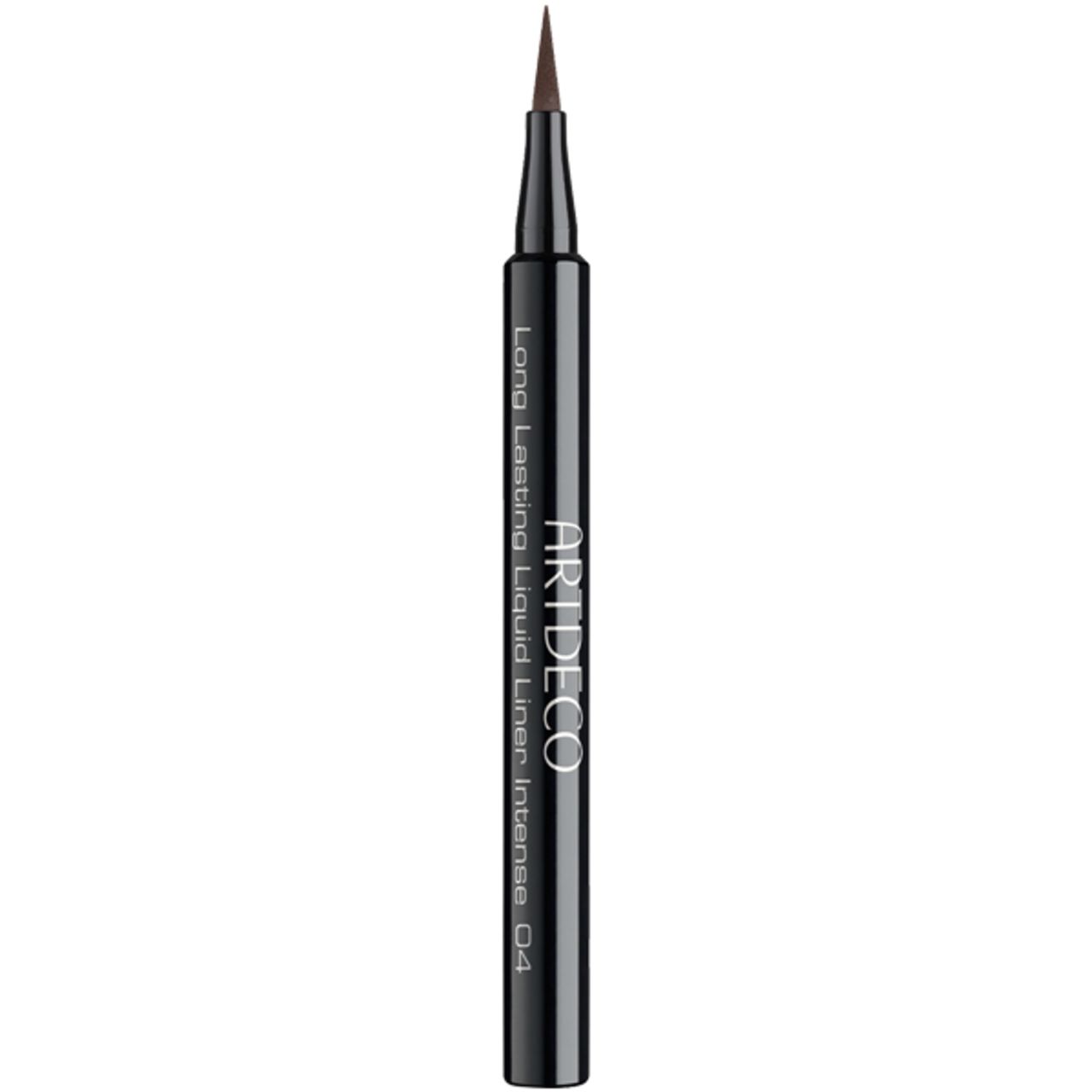 Schwarzer Eyeliner mit brauner Spitze. Aufschrift: Artdeco Long Lasting Liquid Liner Intense 04.
