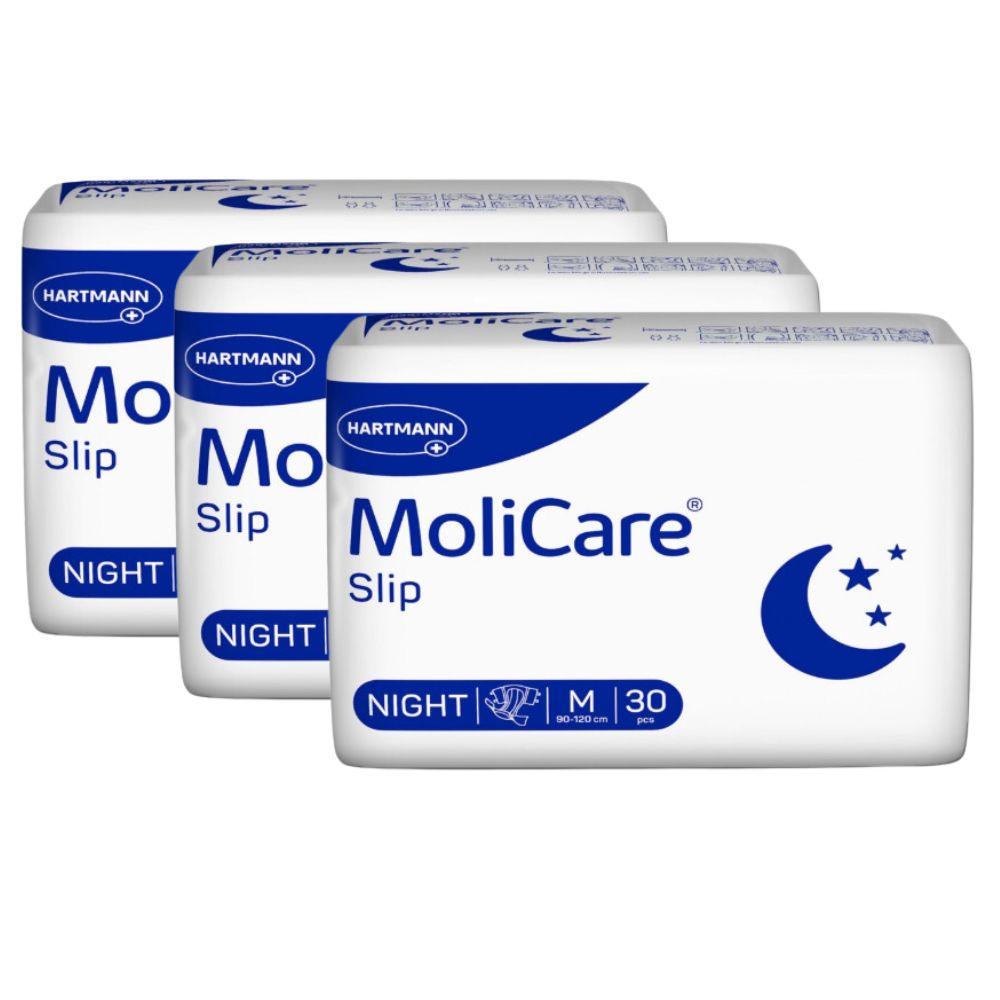 Drei weiße Verpackungen mit MoliCare Slip Night. Blaue Schrift und Mond-Sterne-Symbol. Hartmann-Logo.