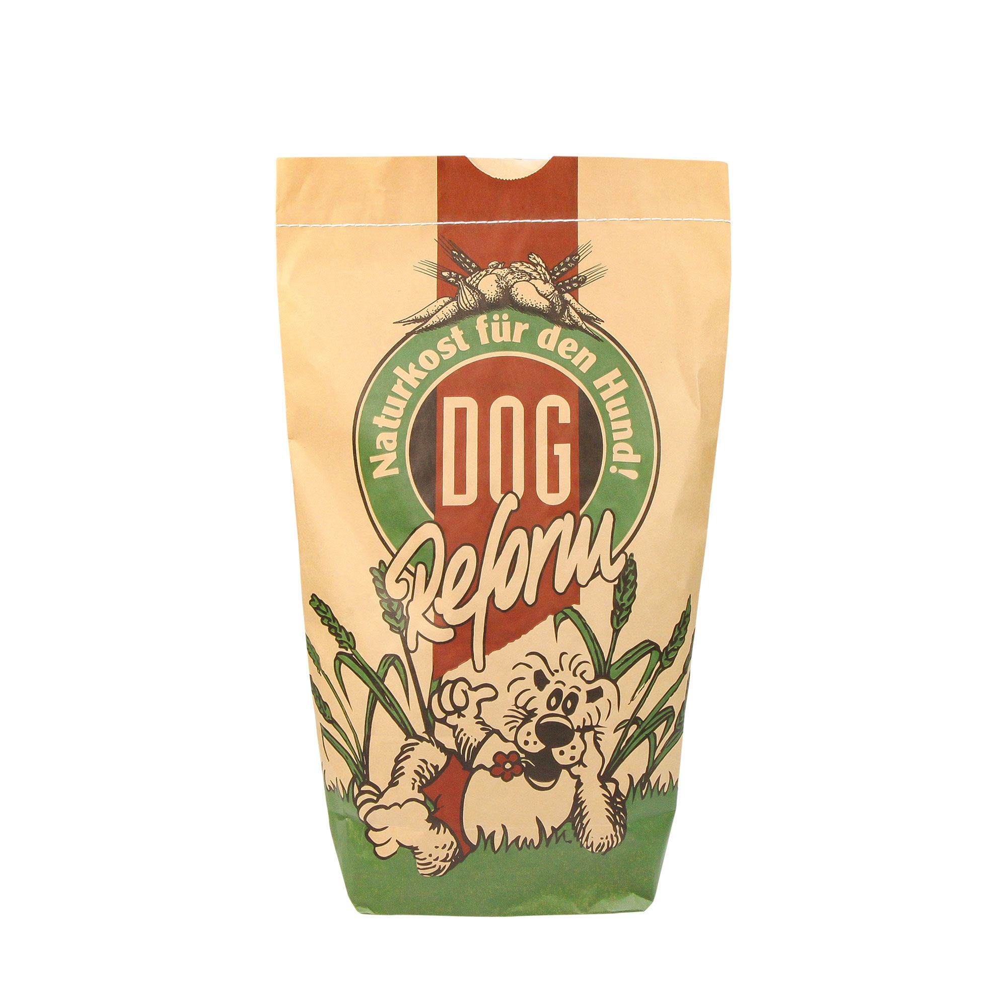 Beutel mit Aufdruck "Dog Reform" und Hund-Illustration. Naturkost für Hunde.