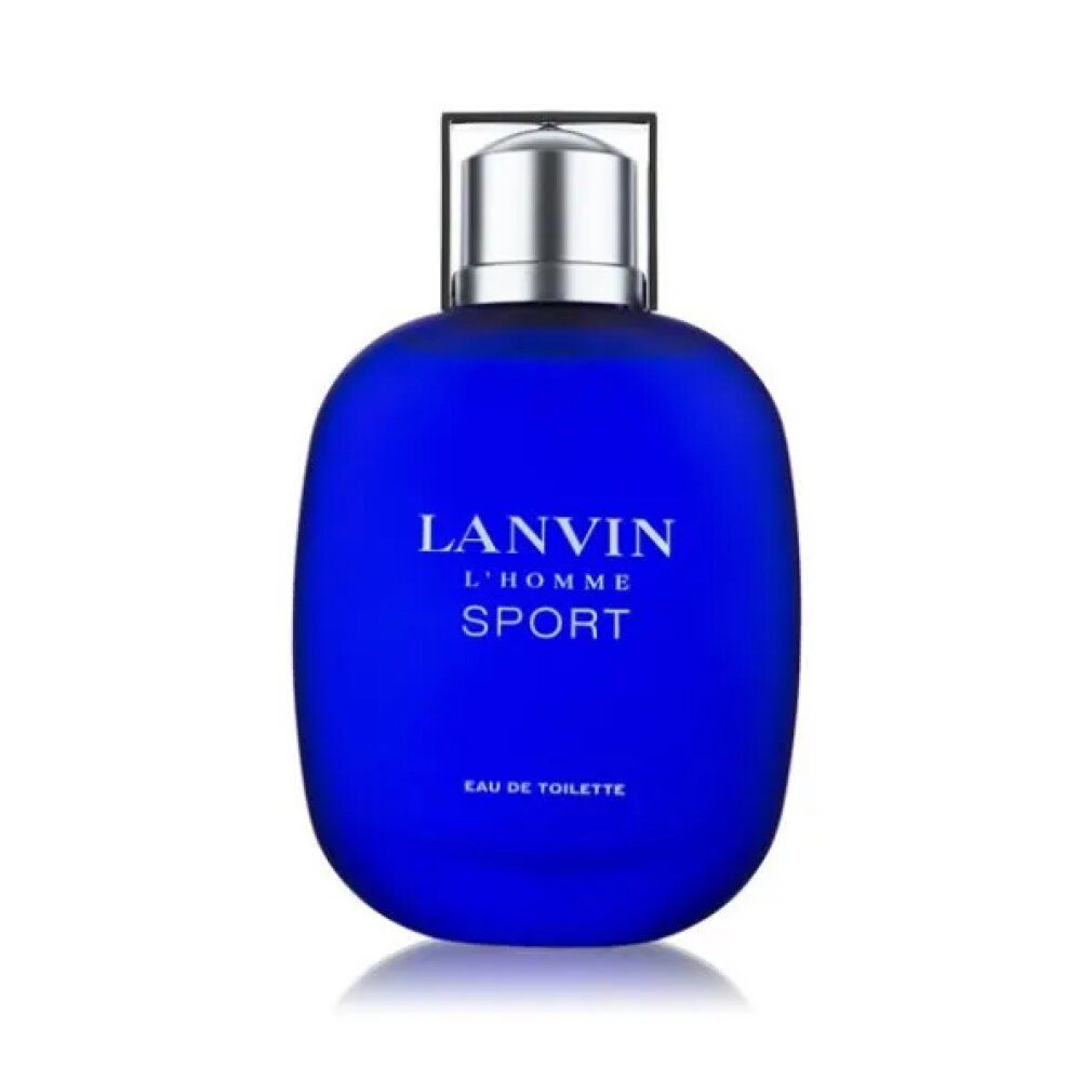 Blauer Flakon mit silbernem Verschluss. Aufschrift: LANVIN L'HOMME SPORT. Eau de Toilette.