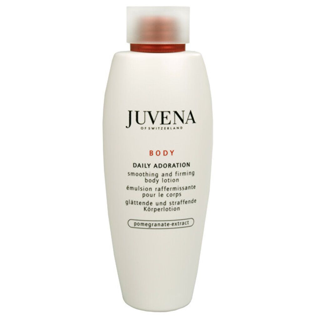 Weiße Flasche mit rotem Deckel. Aufschrift: Juvena. Text: Daily Adoration, Smoothing and Firming Body Lotion.