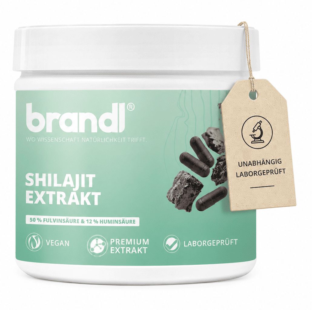 Weißes Produktglas mit braunen Kapseln. Text: Shilajit Extrakt, 50% Fulvinsäure & 12% Huminsäure, Laborgeprüft.