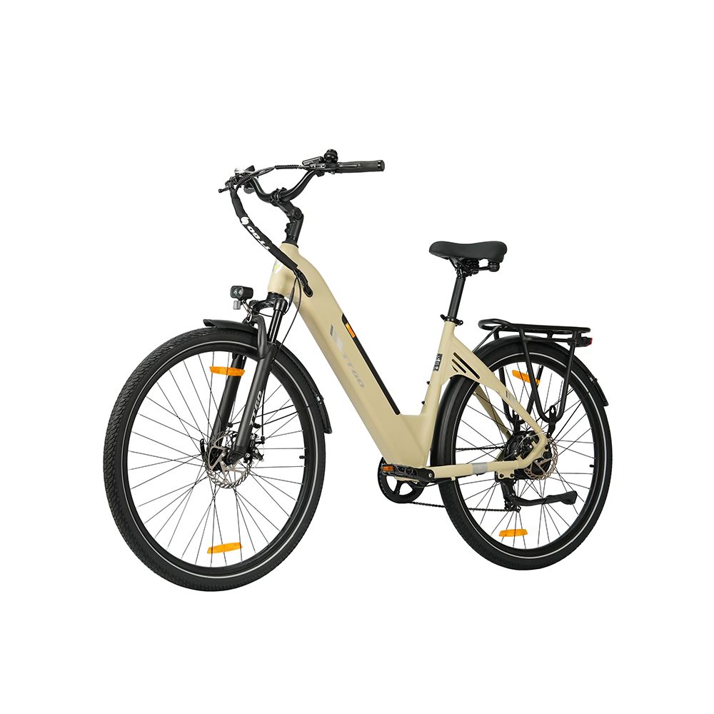 Beige Elektrofahrrad mit schwarzen Reifen, Gepäckträger und Schutzblechen. Schwarzer Sattel und Lenker. Beleuchtung.