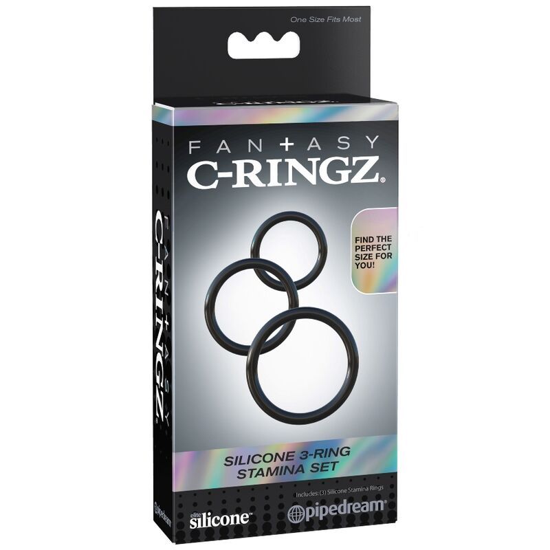 Verpackung mit drei schwarzen Silikonringen. Text: Fantasy C-Ringz, Silicone 3-Ring Stamina Set.