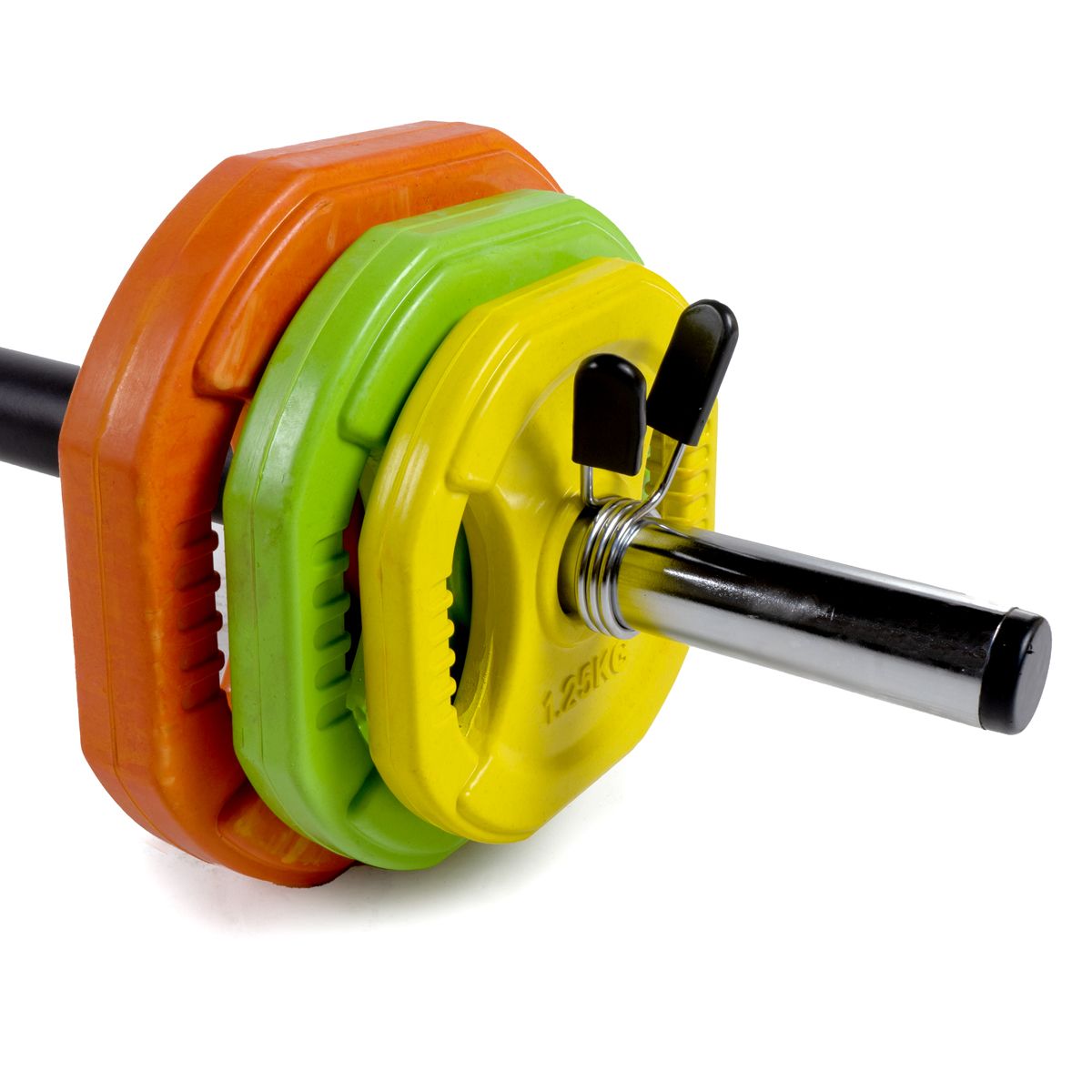 Nahaufnahme von Gewichtsscheiben auf einer Langhantel. Orange, grün und gelb. Scheibenstopper.