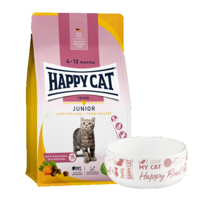 Katzenfutter-Beutel und Futternapf. Auf dem Beutel steht "HAPPY CAT YOUNG JUNIOR". Der Napf hat den Aufdruck "I LOVE MY CAT Happy Bowl".