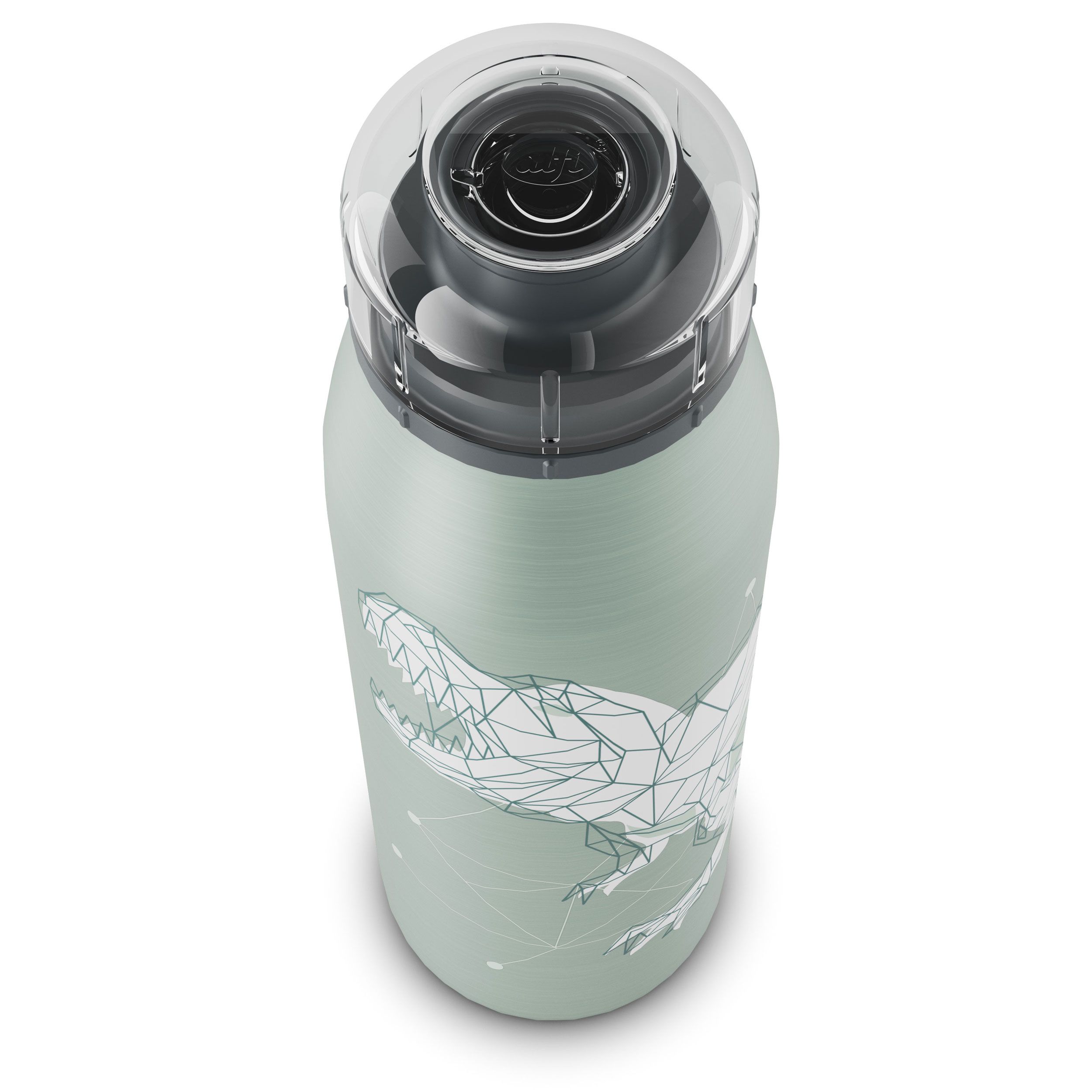 Draufsicht auf den offenen Verschluss einer grünen Isolierflasche mit Dinosaurier-Motiv.