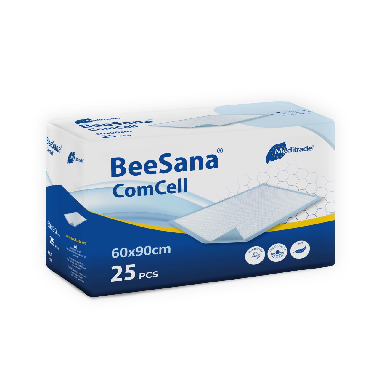 Verpackung von BeeSana ComCell Unterlagen. Aufdruck: 60x90cm, 25 Stück. Logo Meditrade.