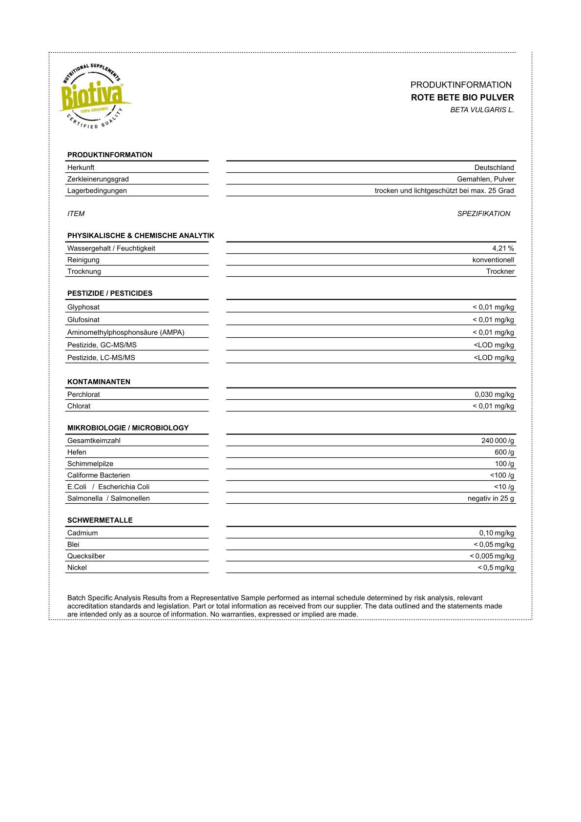 Produktinformationen Rote Beete Bio Pulver. Angaben zu Wassergehalt, Pestiziden, Kontaminanten, Mikrobiologie, Schwermetallen.