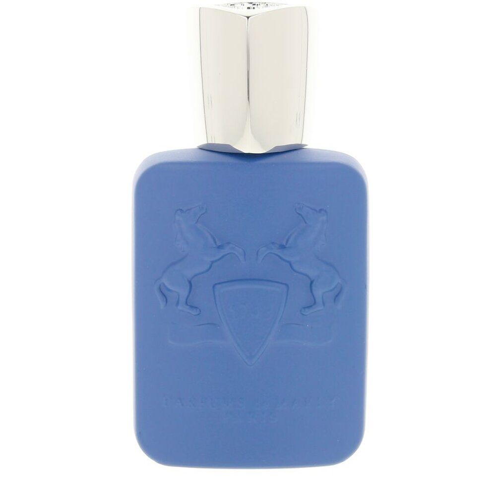 Blauer Flakon mit silbernem Deckel. Geprägtes Logo. Parfums de Marly Percival Eau de Parfum.