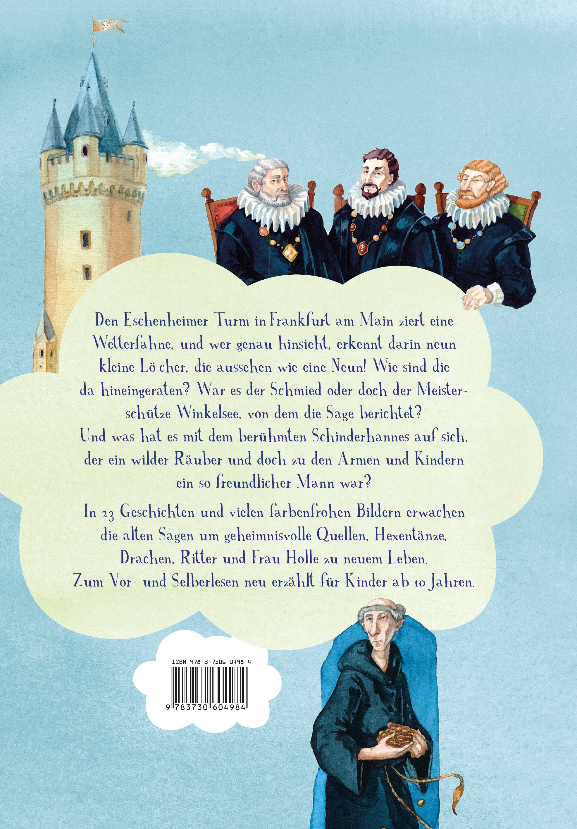 Rückseite des Buches. Text in deutscher Sprache. Illustrationen von drei Männern und einer Person in einem Mantel. ISBN-Code.