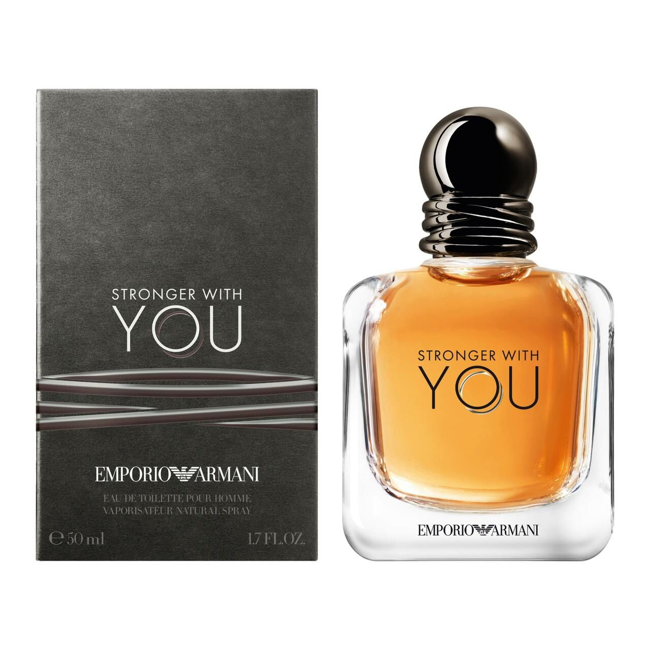 Flakon und Verpackung von Emporio Armani Stronger With You. Schwarzer Deckel, Schriftzug. 50 ml.