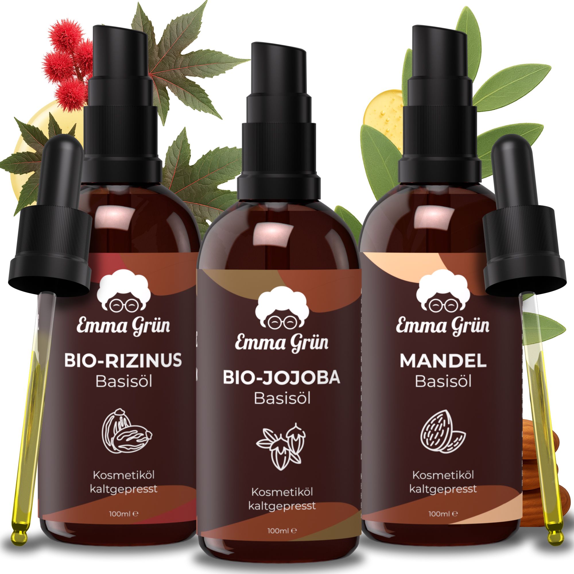 Drei braune Flaschen mit schwarzen Pumpen. Auf jeder Flasche steht "Emma Grün" und der Name des Öls: Rizinus, Jojoba oder Mandel. "Bio" und "kaltgepresst".
