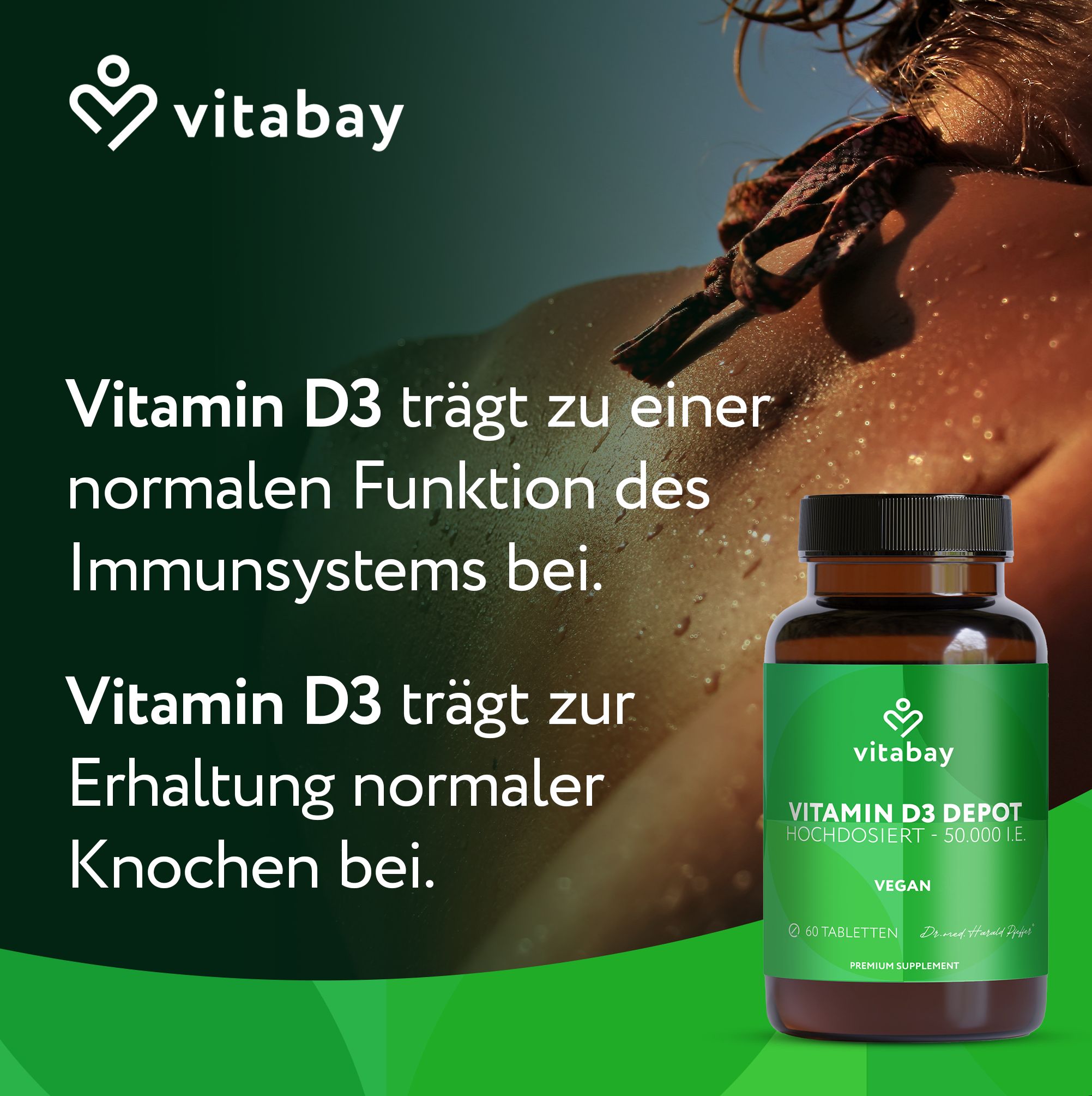 Vitabay Vitamin D3 Depot Flasche vor Haut. Vitamin D für Immunsystem und Knochen.