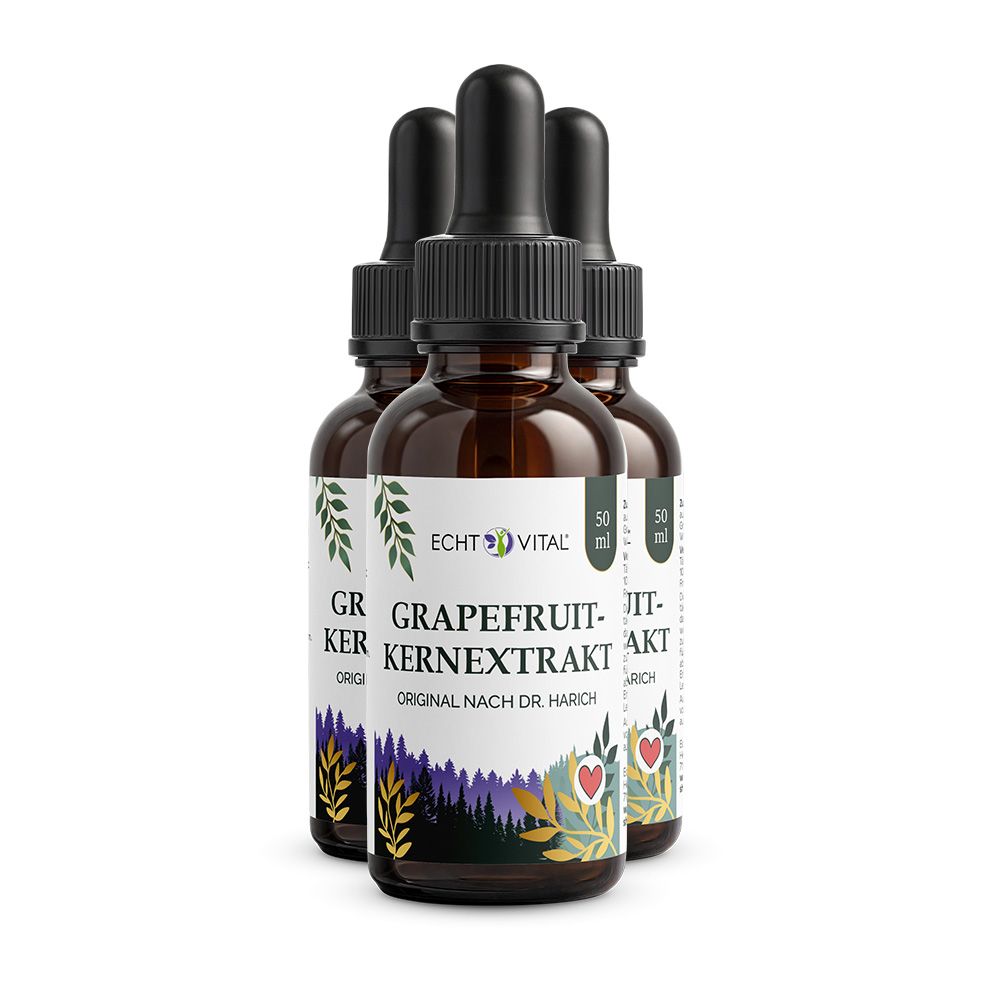 Drei Flaschen Echt Vital Grapefruitkernextrakt mit Pipetten. Braune Glasflaschen mit Etiketten.