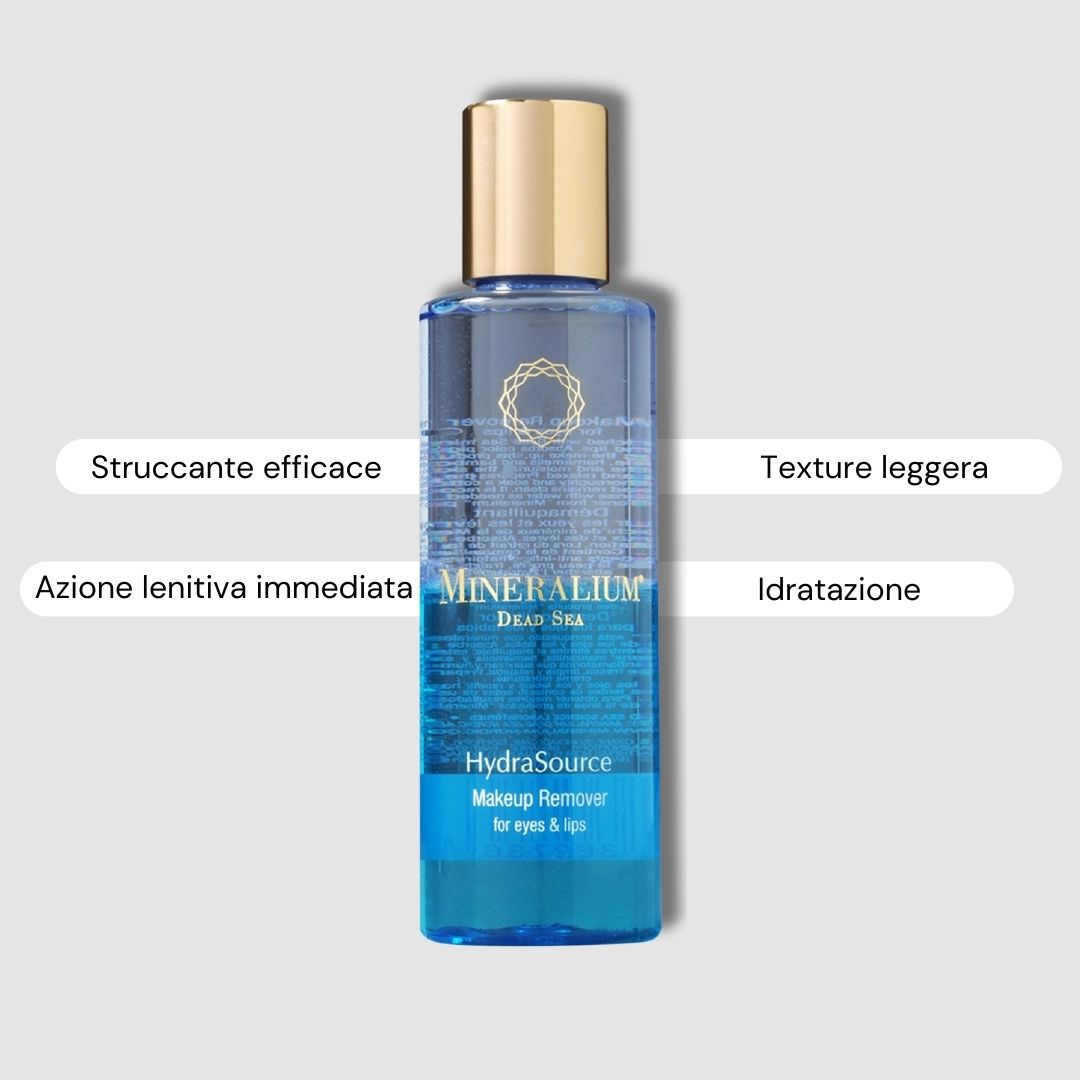 Flacone di liquido con tappo dorato. Scritta: Mineralium, HydraSource, struccante.