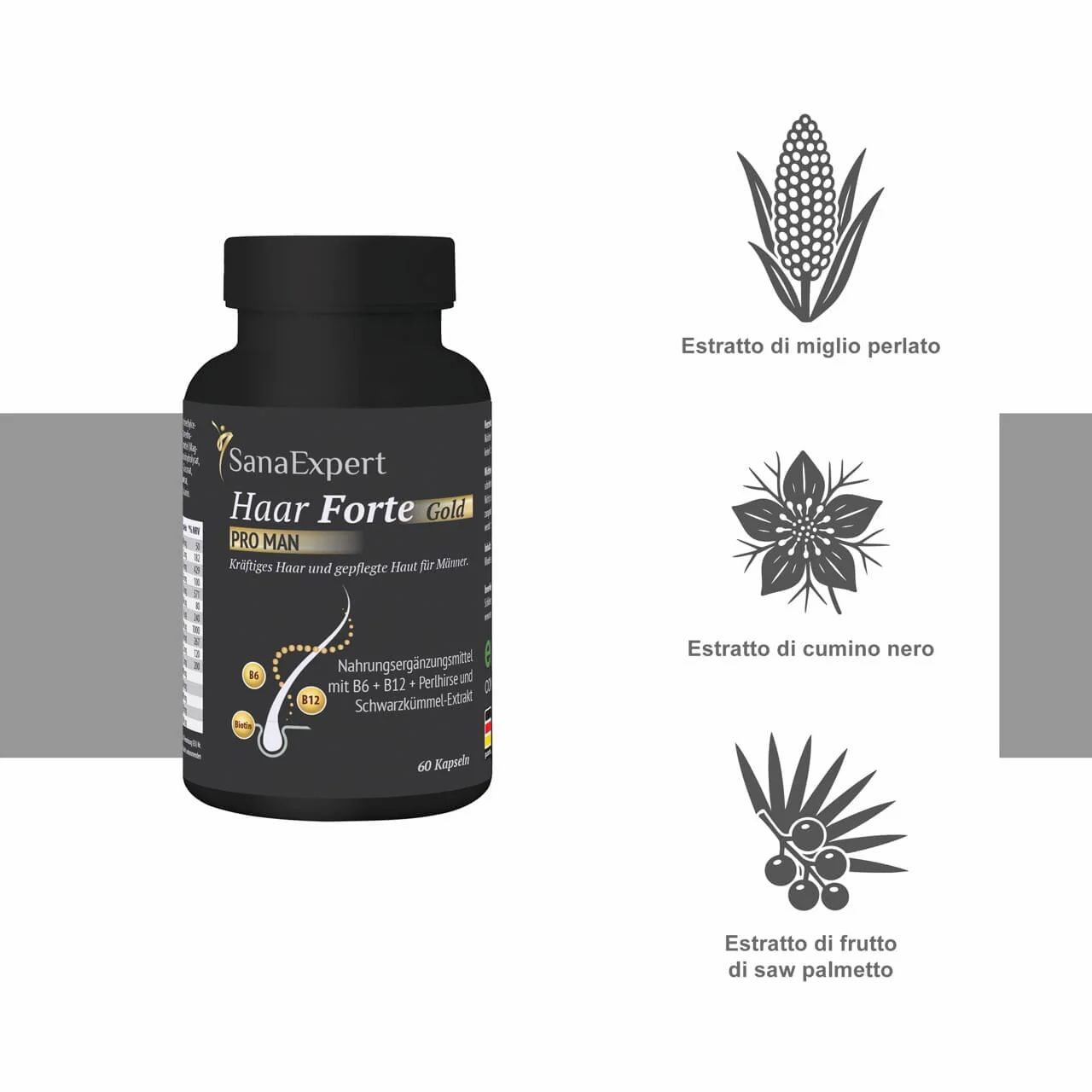 Schwarze Flasche SanaExpert Haar Forte Gold Pro Man mit Abbildungen von Inhaltsstoffen: Mais, Blume, Beeren.