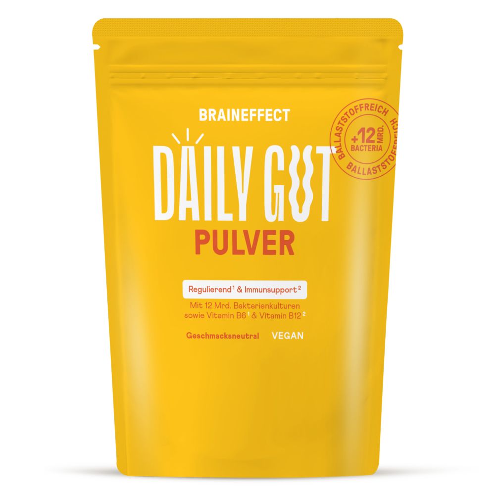 Gelbe Verpackung mit Aufschrift BRAINEFFECT DAILY GUT PULVER. Enthält 12 Mrd. Bakterienkulturen, Vitamin B6 & B12. Vegan.