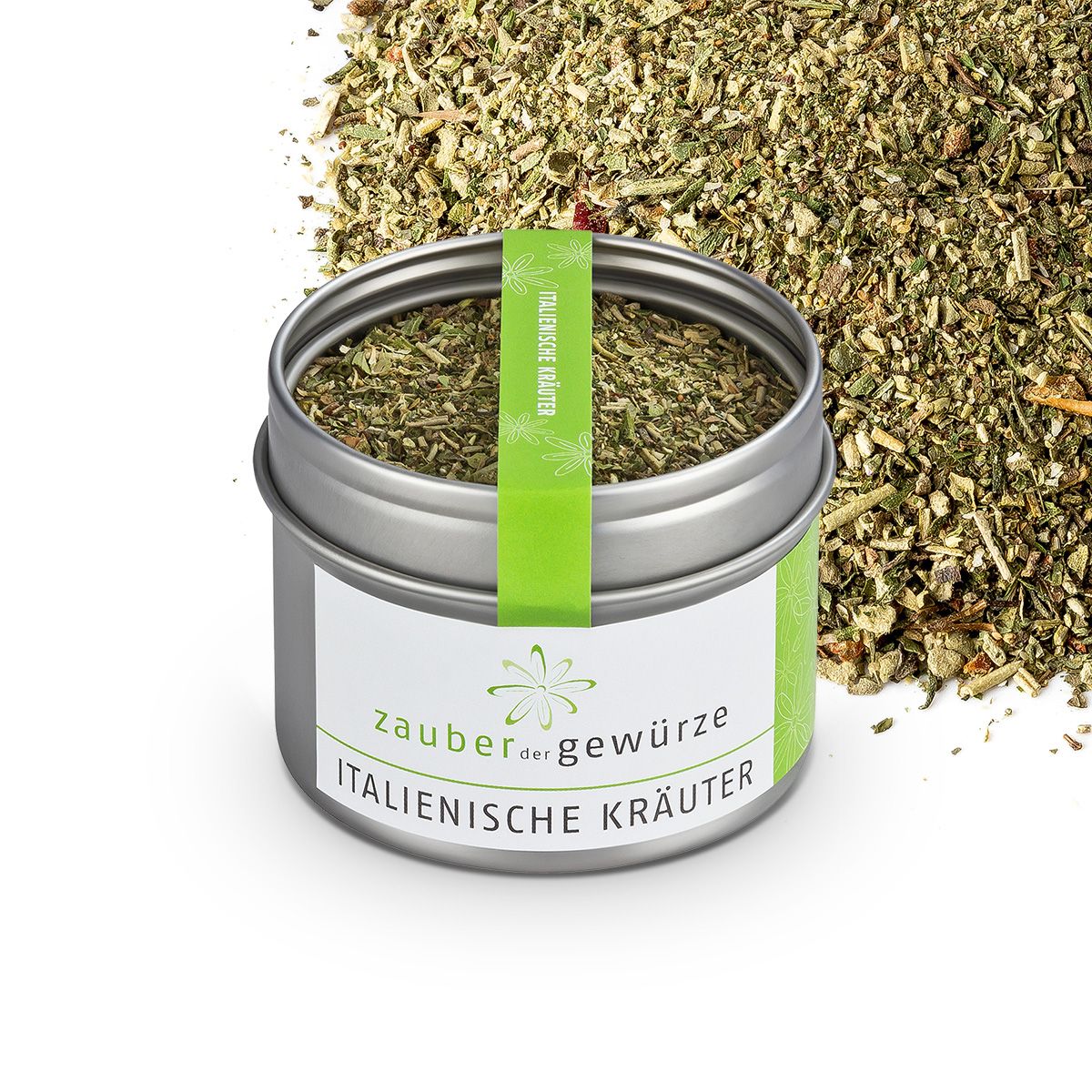 Geöffnete Dose mit italienischen Kräutern. Aufkleber mit Produktnamen und grünes Band. Kräuter verstreut.