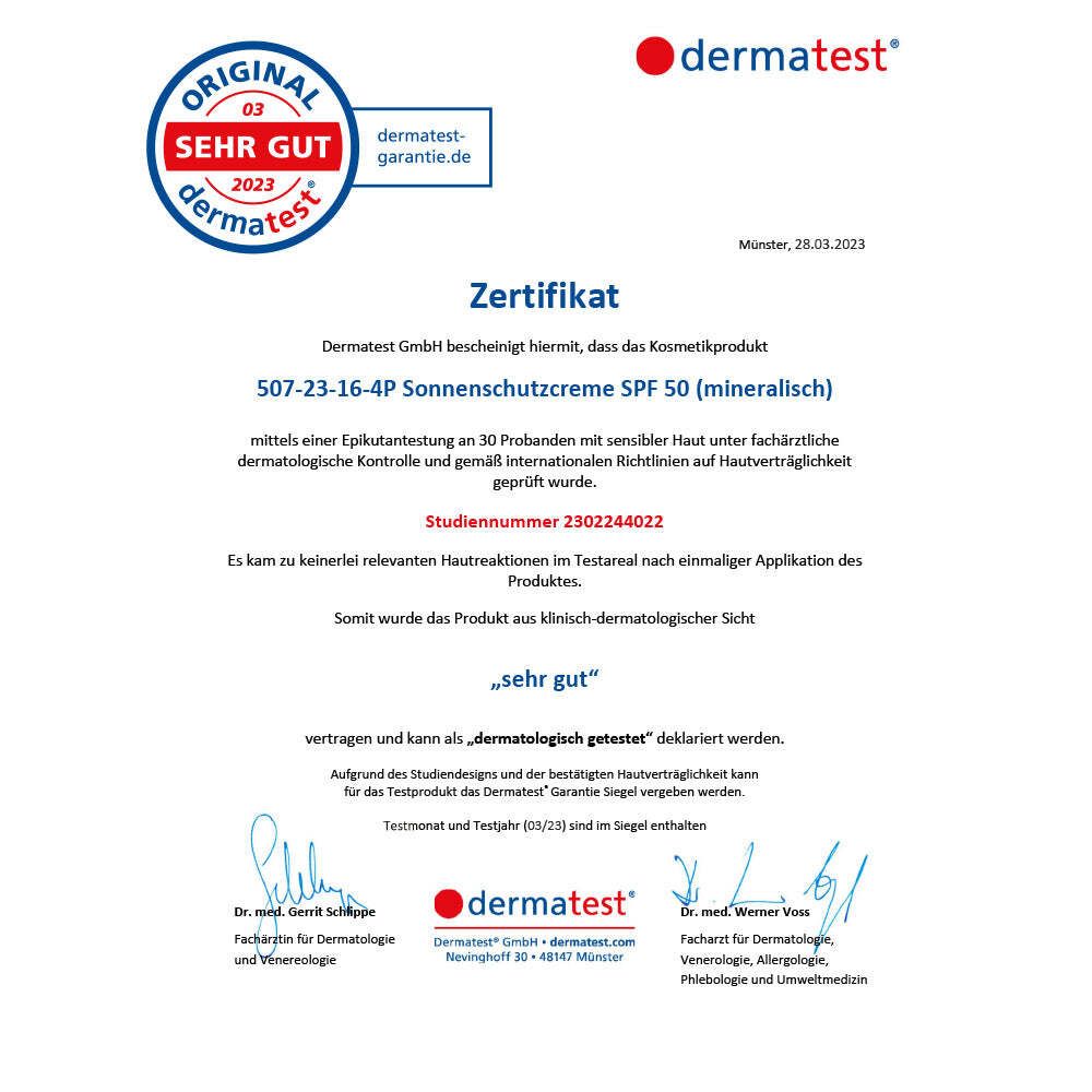 Zertifikat von Dermatest. Text in Deutsch. Siegel: Sehr Gut. Details zur Prüfung von Sonnenschutzcreme SPF 50 (mineralisch).