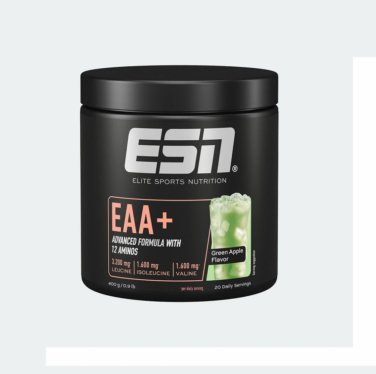 Schwarze Dose mit ESN-Logo und EAA+ Aufschrift. Enthält 12 Aminosäuren. Geschmack: Green Apple. 400g.