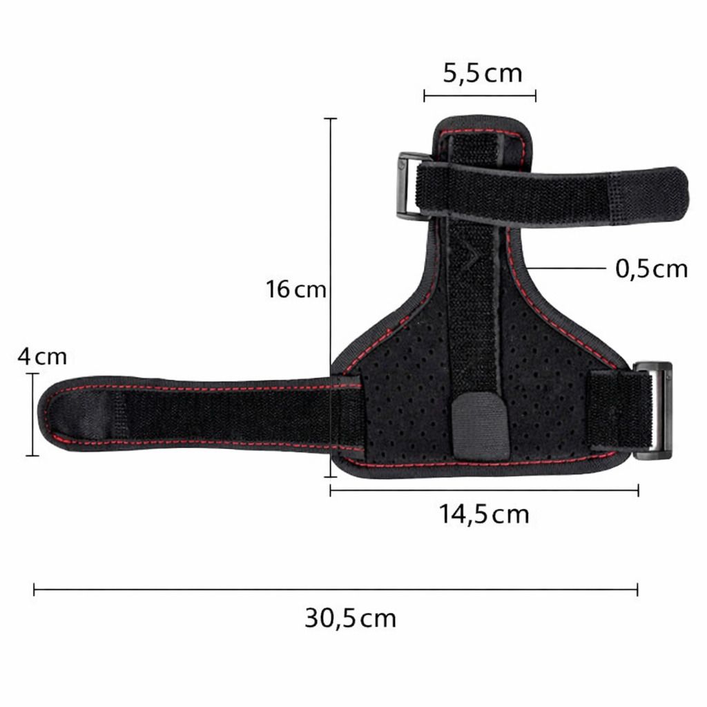 Schwarze Handgelenk- und Daumenbandage mit roten Nähten. Maße: 30,5 cm lang, 16 cm hoch, 14,5 cm breit. Mit Klettverschlüssen.