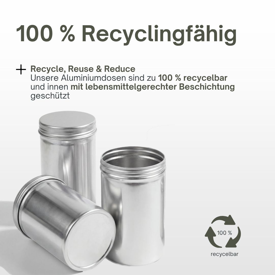 Drei leere Aluminiumdosen mit Schraubdeckel, 100% recycelbar.
