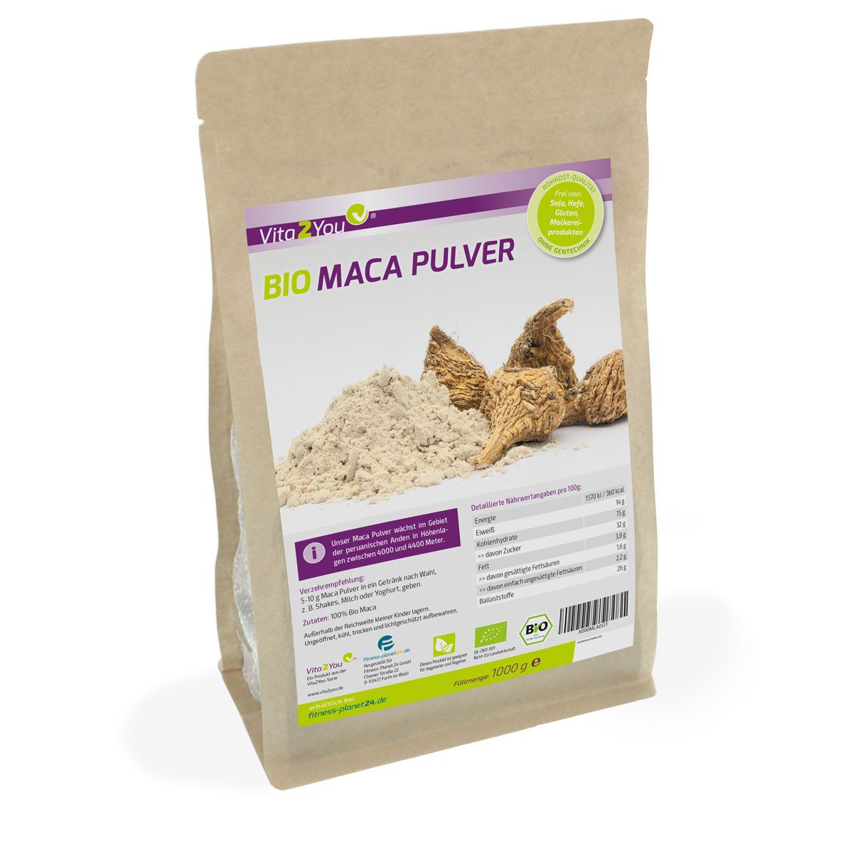 BIO Maca Pulver in Beutel. Aufdruck: BIO, Pulver, Maca-Wurzeln, Nährwertangaben, 1000g. Siegel: BIO, Rohkost-Qualität.