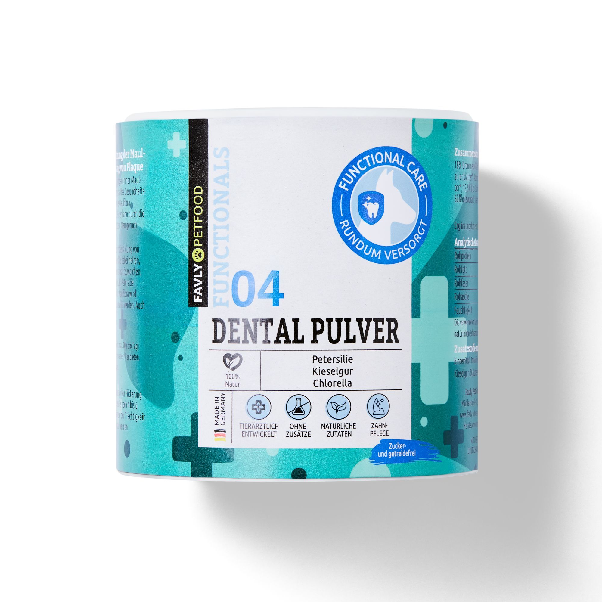 Zylindrische Dose "Dental Pulver" mit türkisfarbenem Design. Logos und Text. "Favly Petfood"-Logo. Schattenwurf.