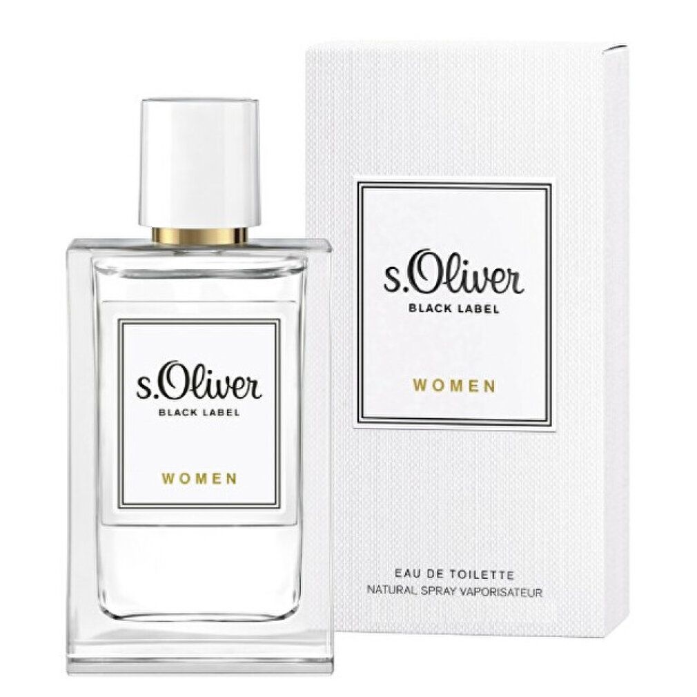 Flakon und Verpackung von s.Oliver Black Label Women. Weißes Etikett mit Logo und Schriftzug. Eau de Toilette.