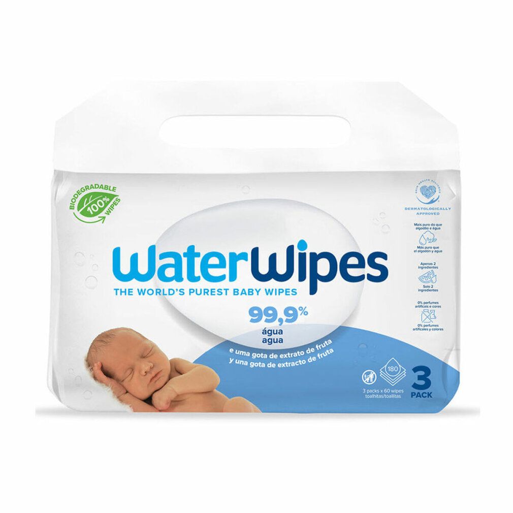 Packung WaterWipes Baby-Feuchttücher. Enthält 99,9% Wasser. Abbildung eines Babys. 3er-Pack.