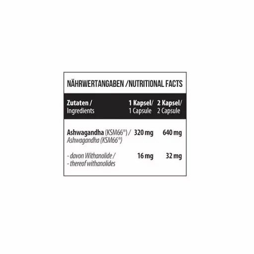 Nährwertangaben-Tabelle mit Zutaten und Mengen. Ashwagandha-Dosierung pro Kapsel und pro zwei Kapseln.
