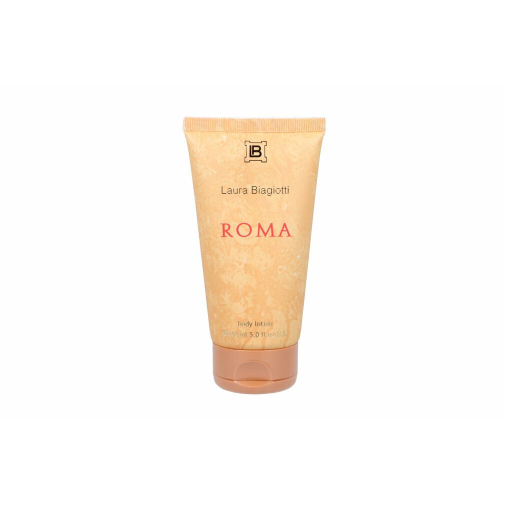Laura Biagiotti Roma Body Lotion. Beige Tube mit braunem Deckel. Schriftzug Roma. Logo oben. Volumenangabe.