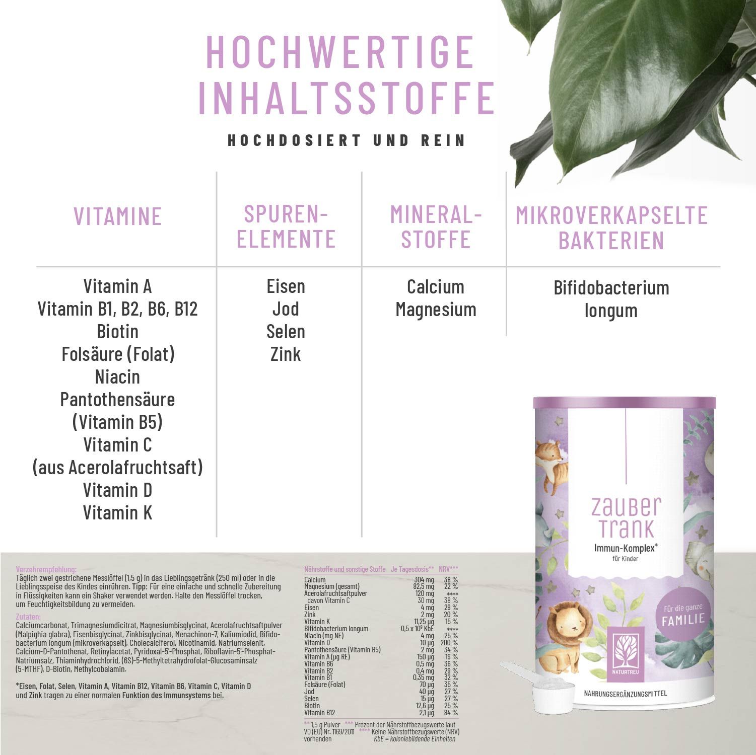 Übersicht der Inhaltsstoffe: Vitamine, Spurenelemente, Mineralstoffe, Mikroverkapselte Bakterien. Dose 'Zaubertrank Immun-Komplex'.