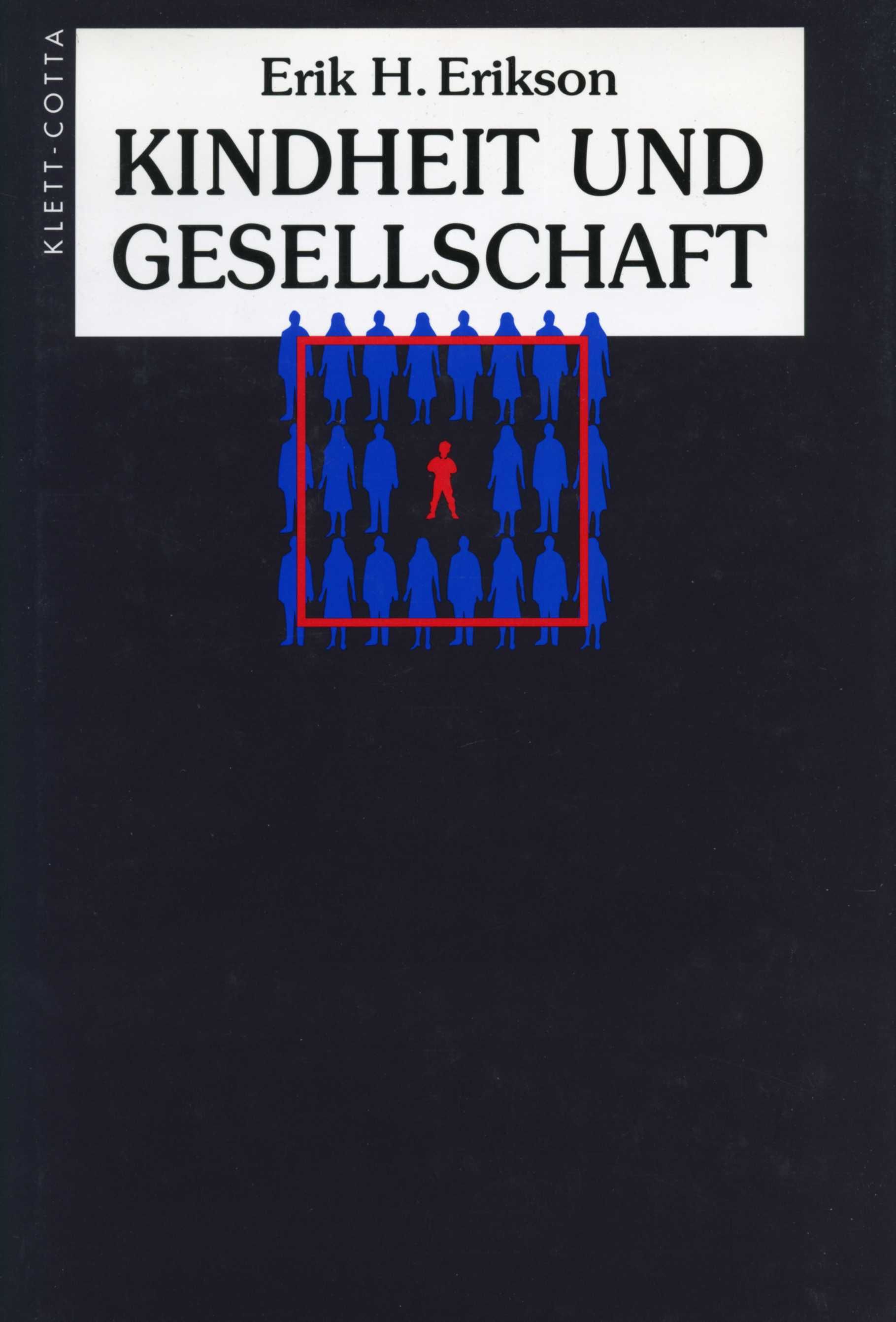 Buchcover: Titel 'Kindheit und Gesellschaft' von Erik H. Erikson. Illustration: rote Figur in rotem Rahmen, umgeben von blauen Figuren.