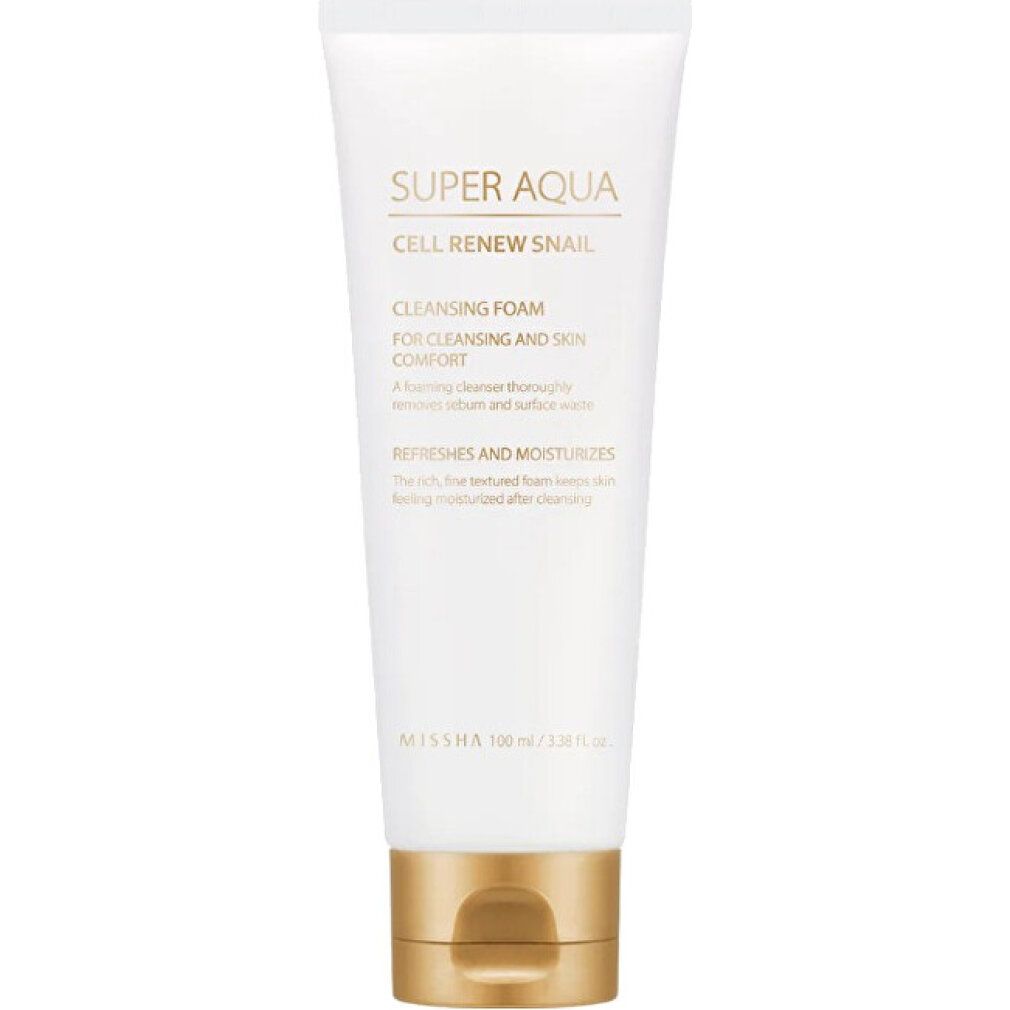 Weiße Tube MISSHA Super Aqua Cell Renew Snail Cleansing Foam mit goldenem Verschluss. 100ml.