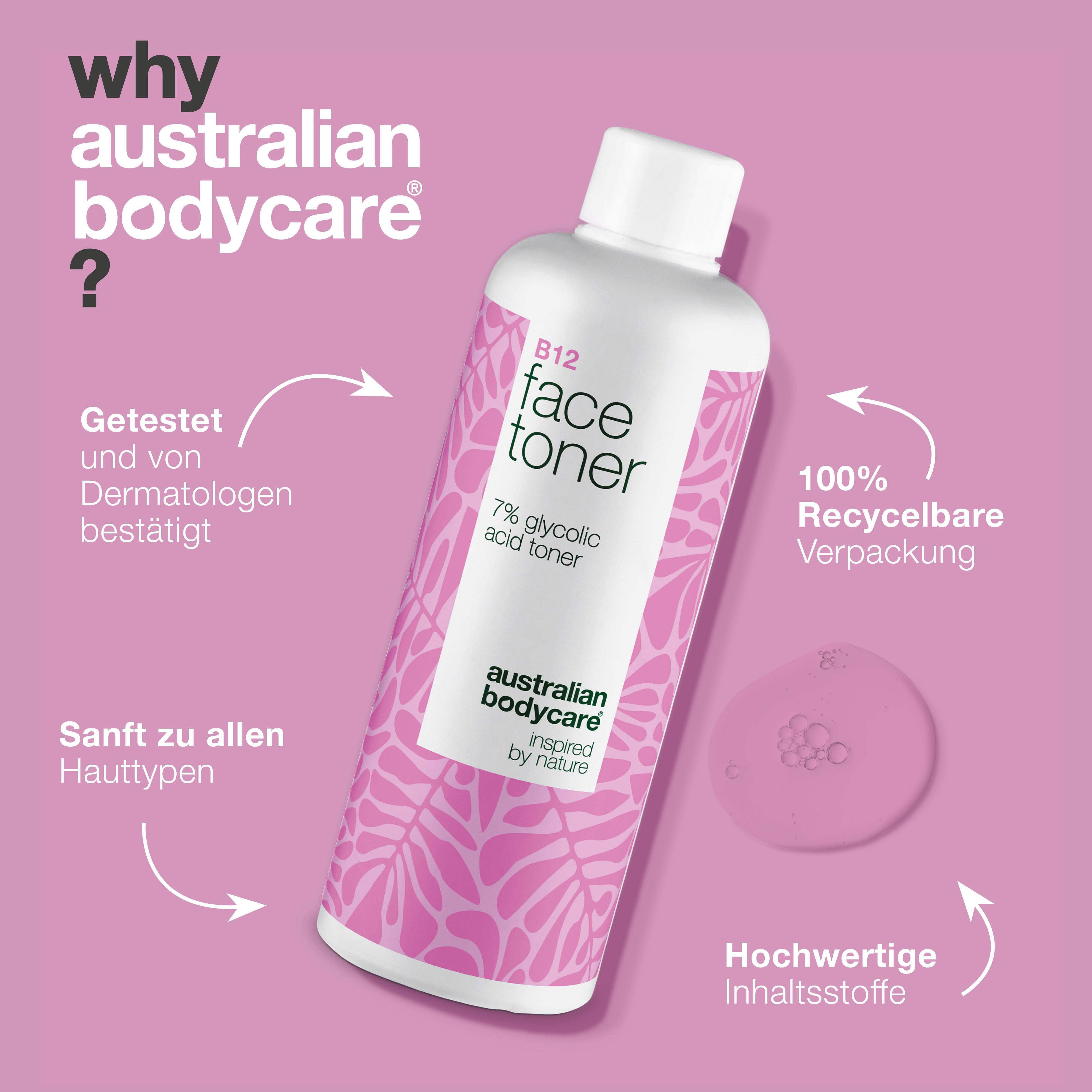 Produktabbildung mit Text. B12 Face Toner. Text: Getestet, 100% recycelbare Verpackung, hochwertige Inhaltsstoffe.