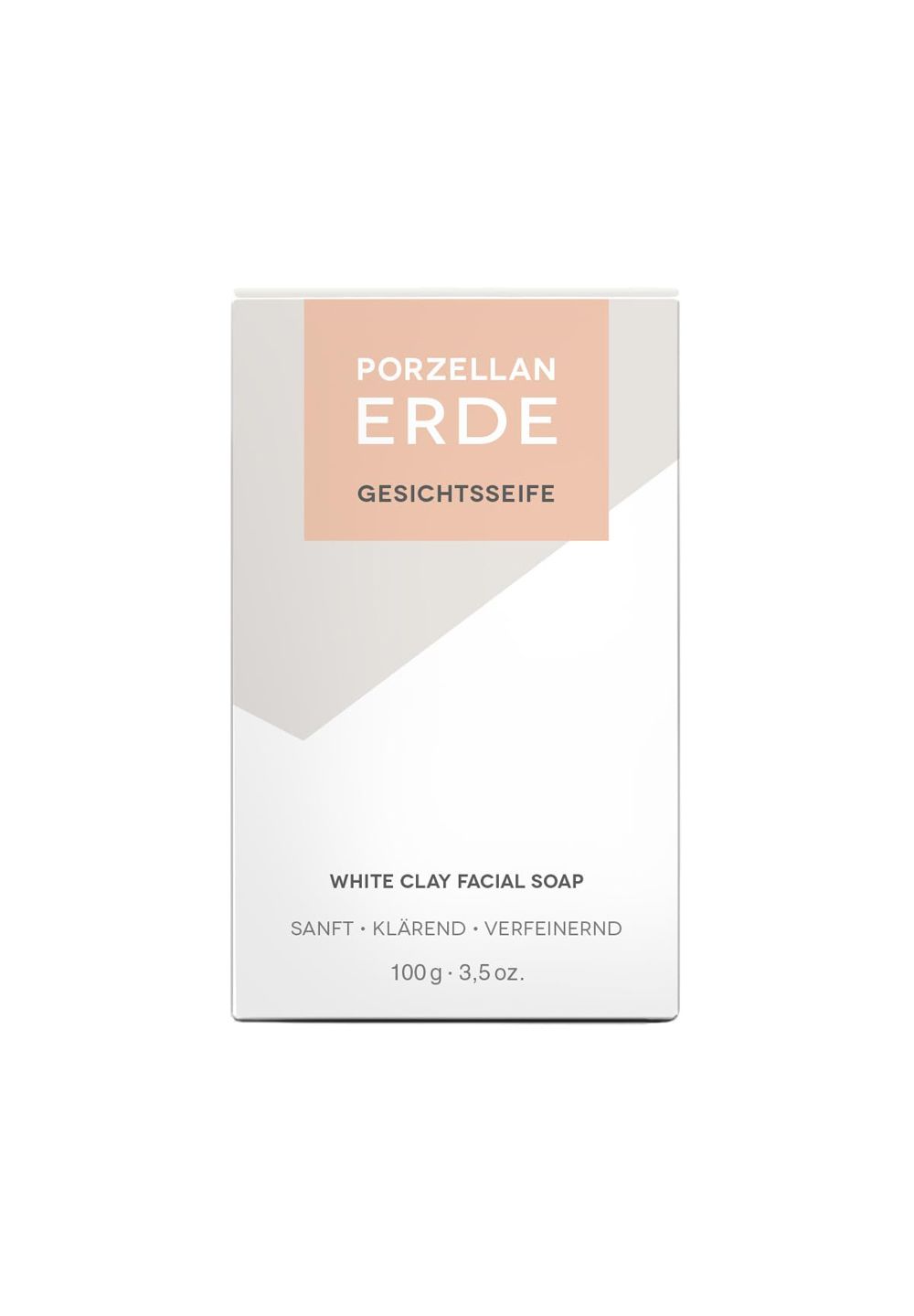 Weiße Verpackung mit Aufdruck "PORZELLAN ERDE GESICHTSSEIFE". Text: sanft, klärend, verfeinernd. 100g - 3,5 oz.
