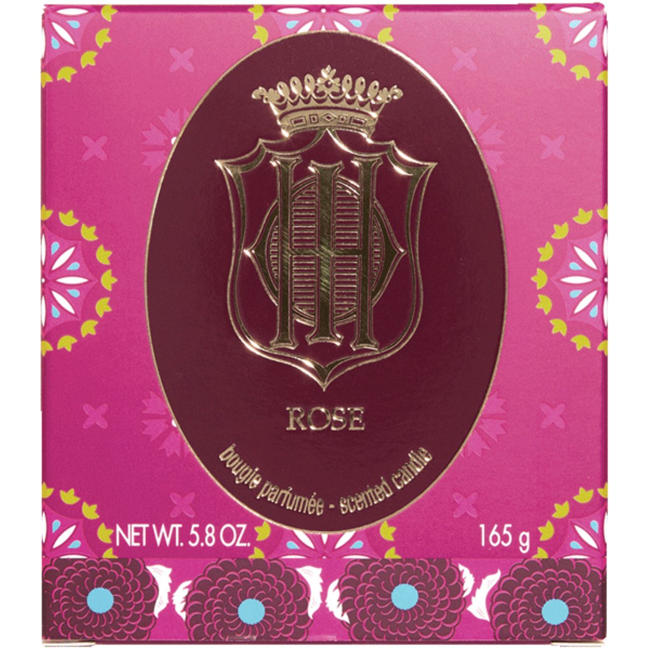 Verpackung der Kerze. Rosa Schachtel mit goldenem Wappen und Monogramm. Text: Rose, bougie parfumée, scented candle. Nettogewicht: 5.8 OZ, 165 g.
