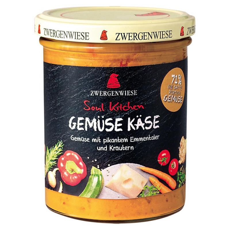 Glas mit Aufschrift "Zwergenwiese Soul Kitchen Gemüse Käse". Enthält Gemüse mit Emmentaler und Kräutern. Deckel mit Logo.