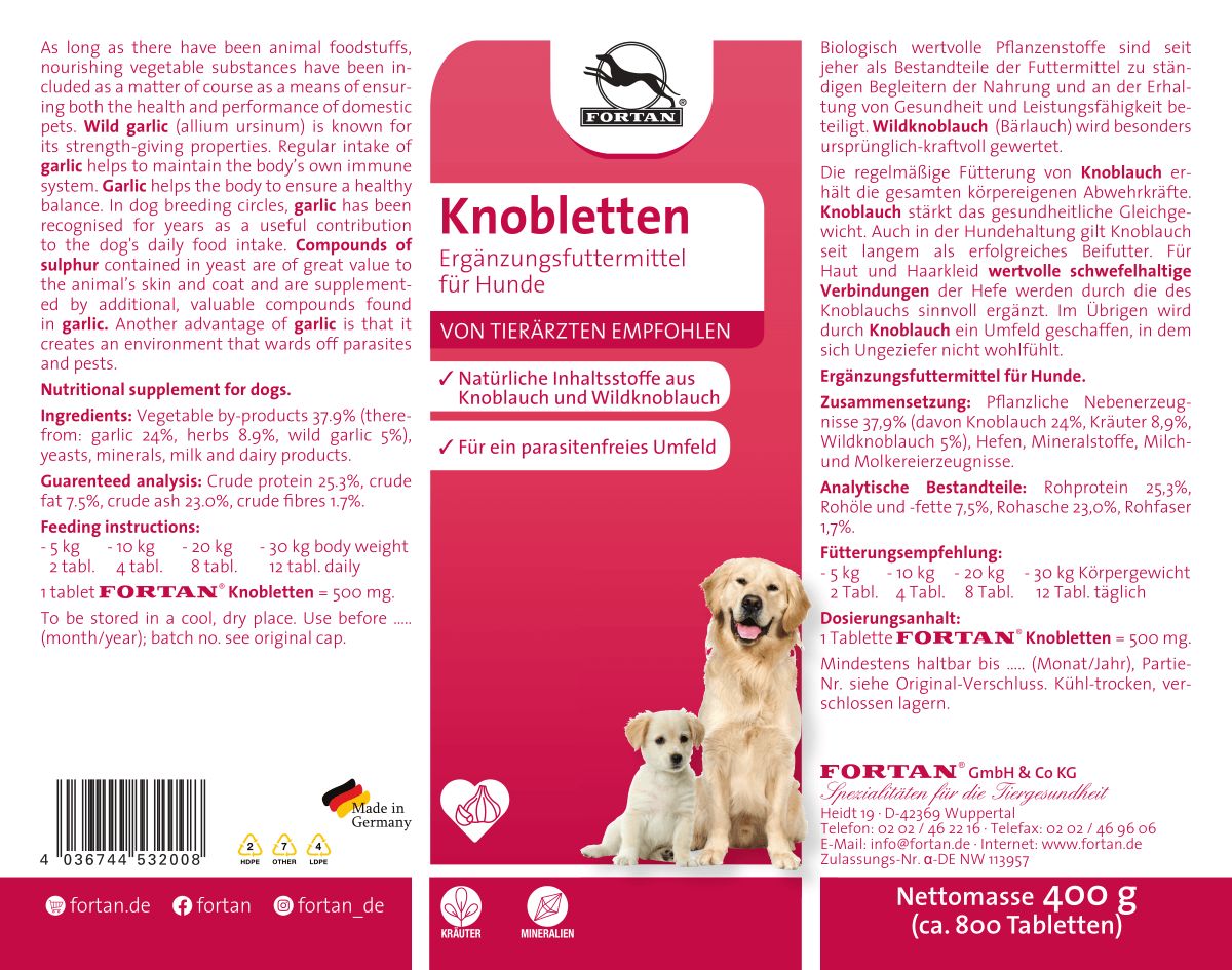 Verpackung mit Text und Abbildung von zwei Hunden. Aufschrift: FORTAN Knobletten. Empfohlen von Tierärzten. Hergestellt in Deutschland.