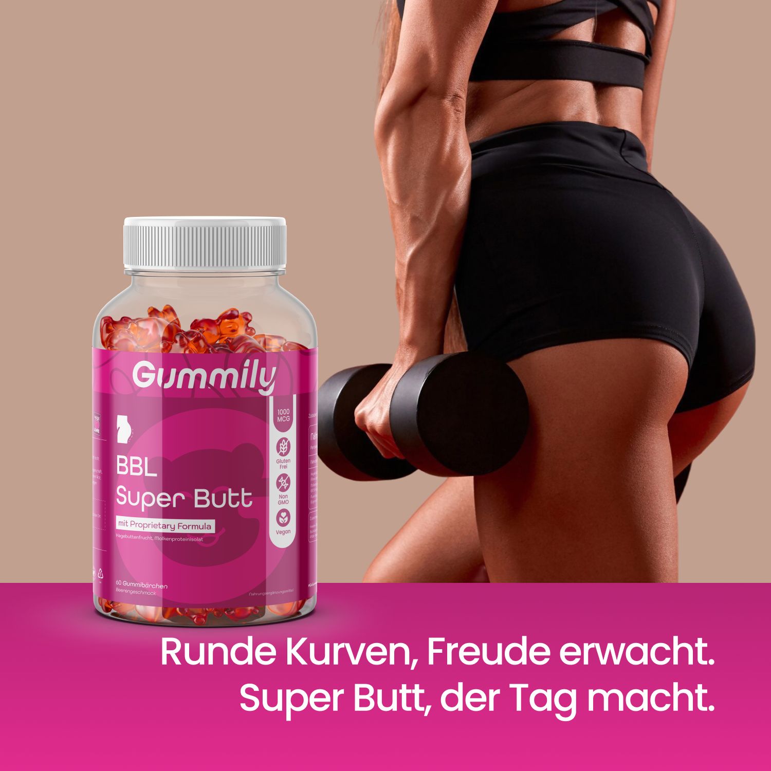 Gummily® BBL Super Butt Gummibärchen neben einer Frau, die Hanteln hebt. Rosa Etikett mit Produktnamen. Text: Runde Kurven.