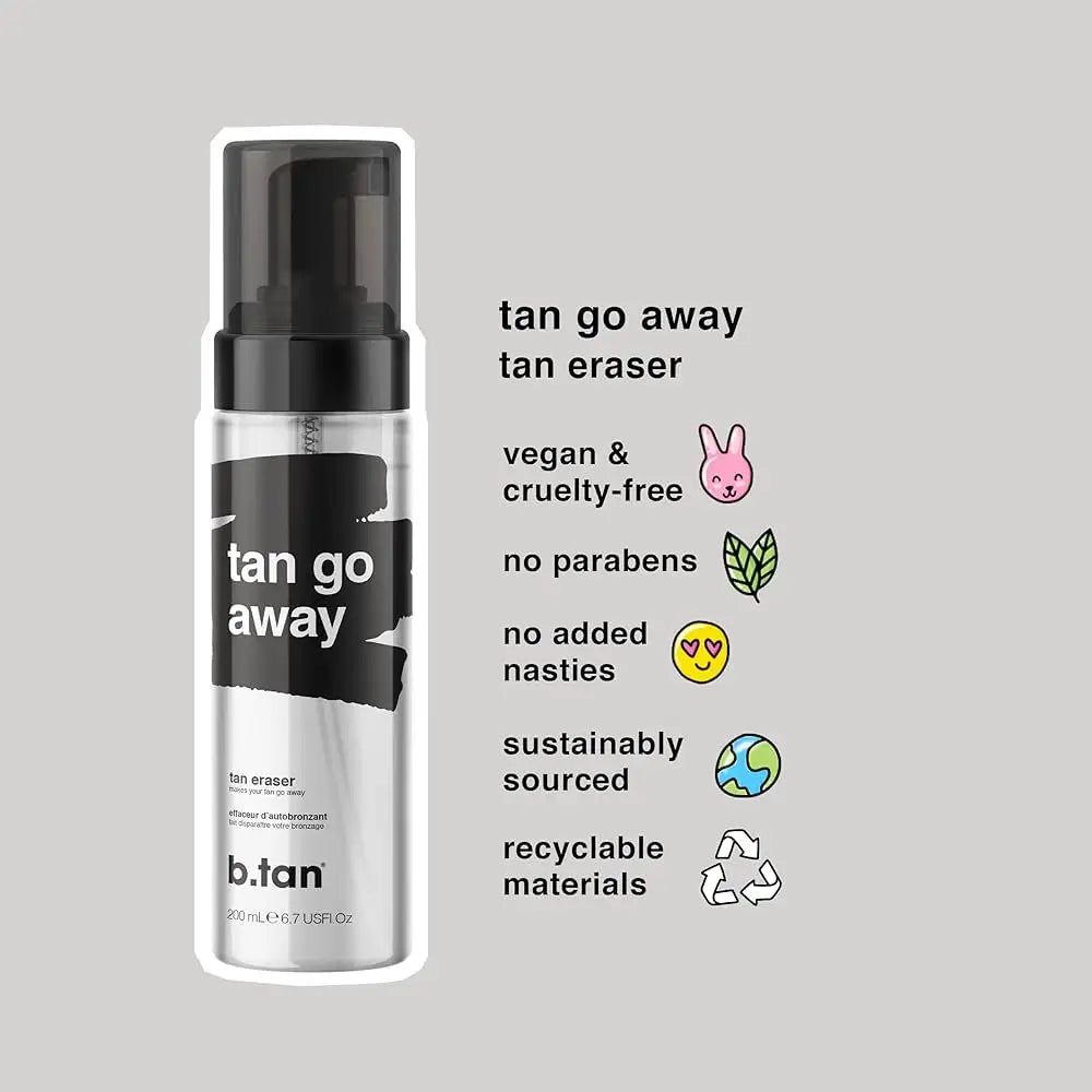 Produktflasche "tan go away". Schwarzer Deckel, silberne Flasche, schwarzer Aufdruck. Text: vegan, tierversuchsfrei, ohne Parabene.