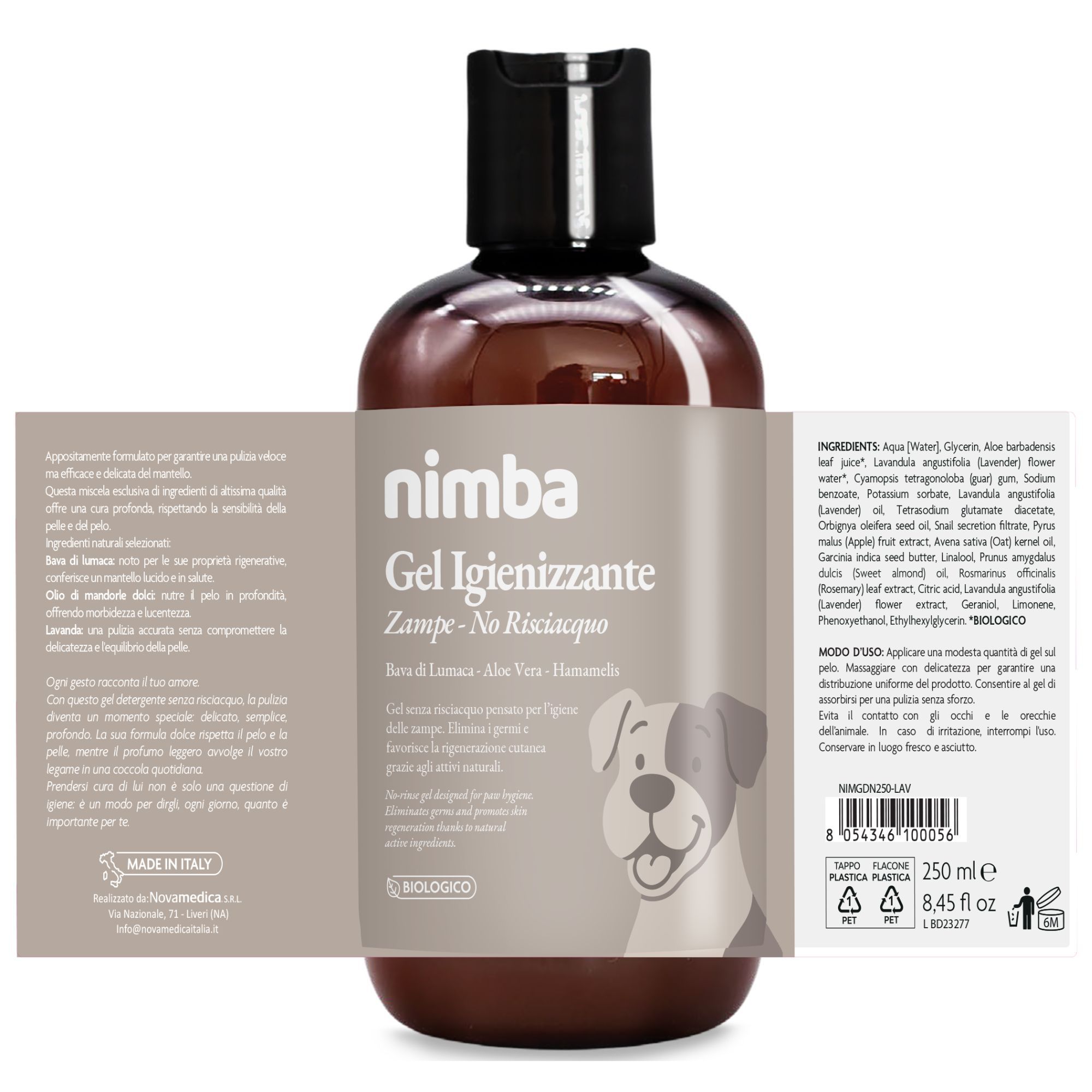 Braune Flasche mit schwarzem Deckel. Etikett mit Produktname, Hund und Blumen. Text. Zusätzliche Etiketten.