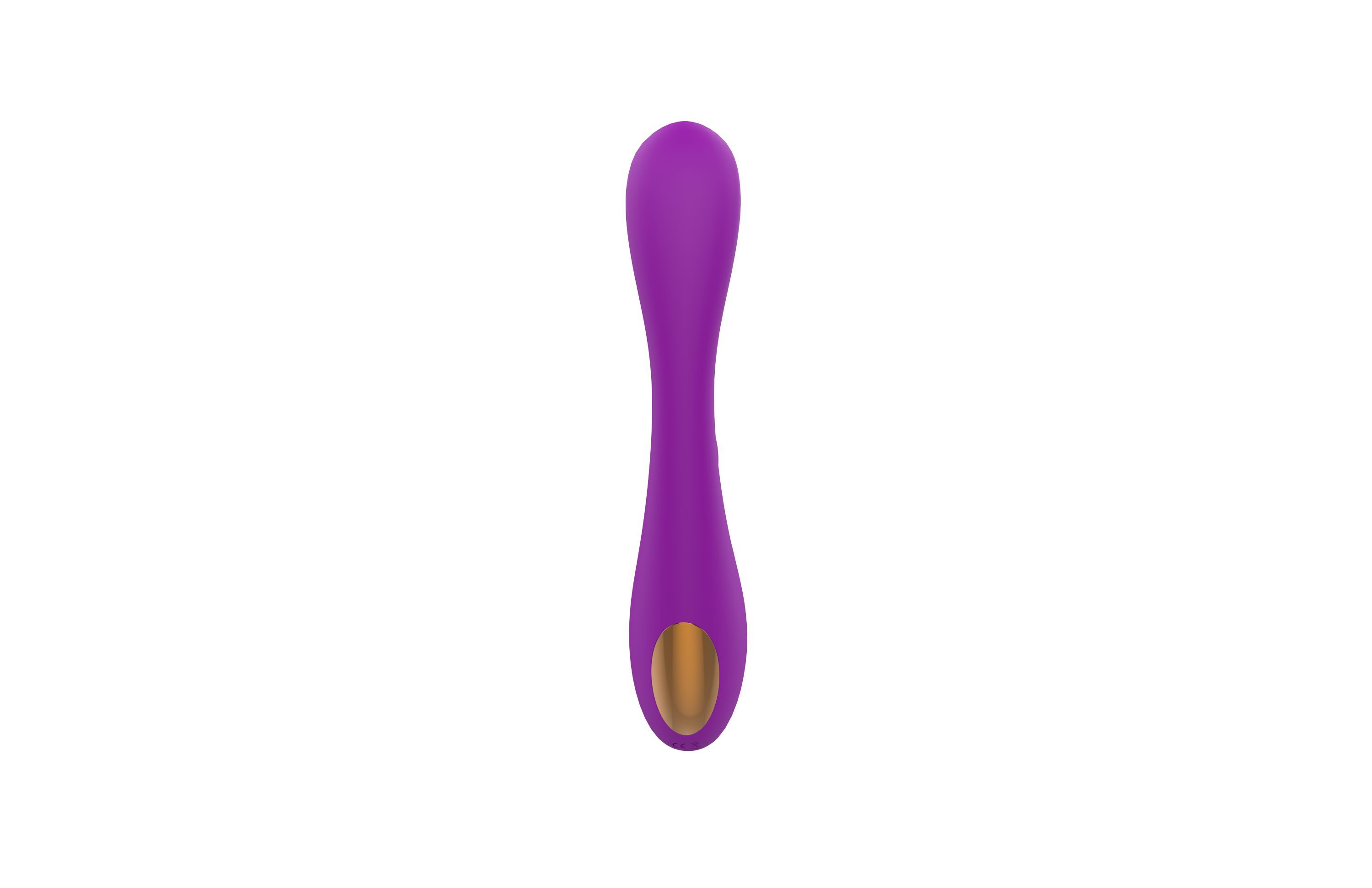 Lila Vibrator mit einer gebogenen Form. Das Ende hat eine goldfarbene, ovale Form. Keine Knöpfe sichtbar.